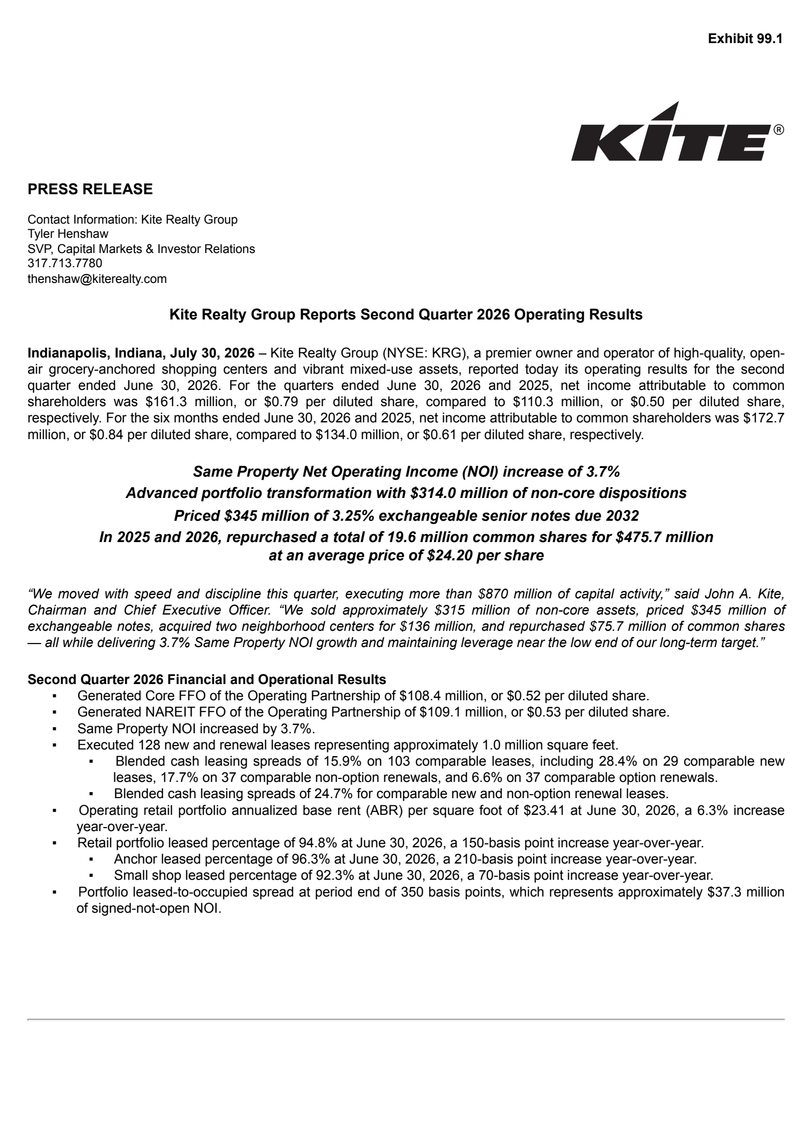 Kite Realty Group Trust's Q2 2026 Press Release