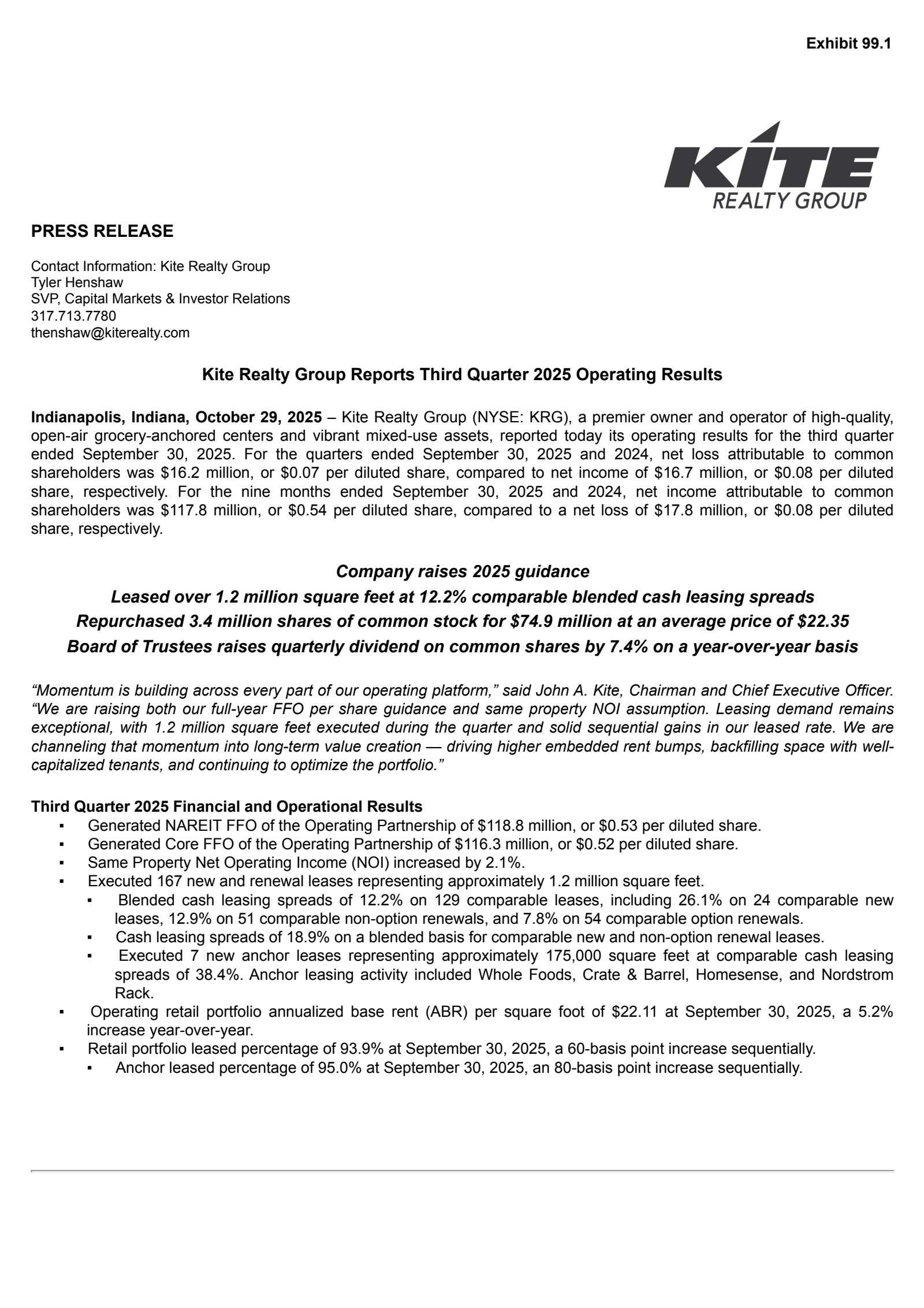 Kite Realty Group Trust's Q3 2025 Earnings Release
