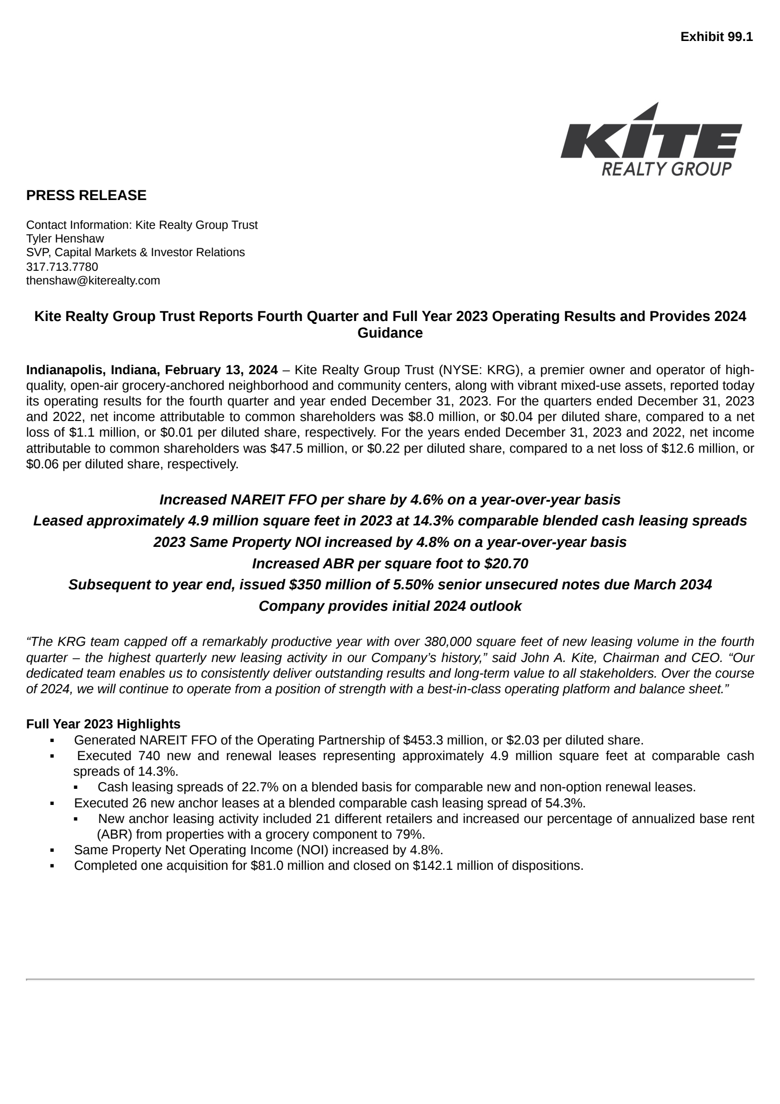 Kite Realty Group Trust's Q4 2023 Press Release