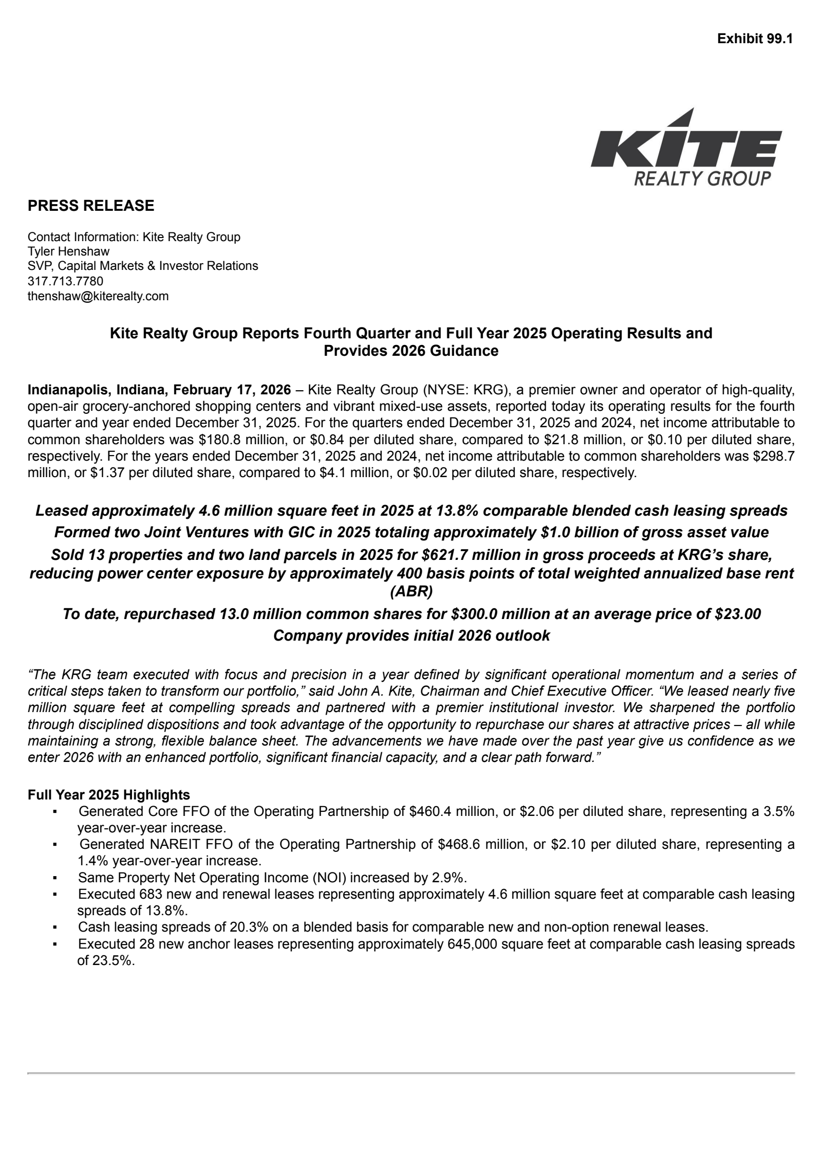 Kite Realty Group Trust's Q4 2025 Press Release