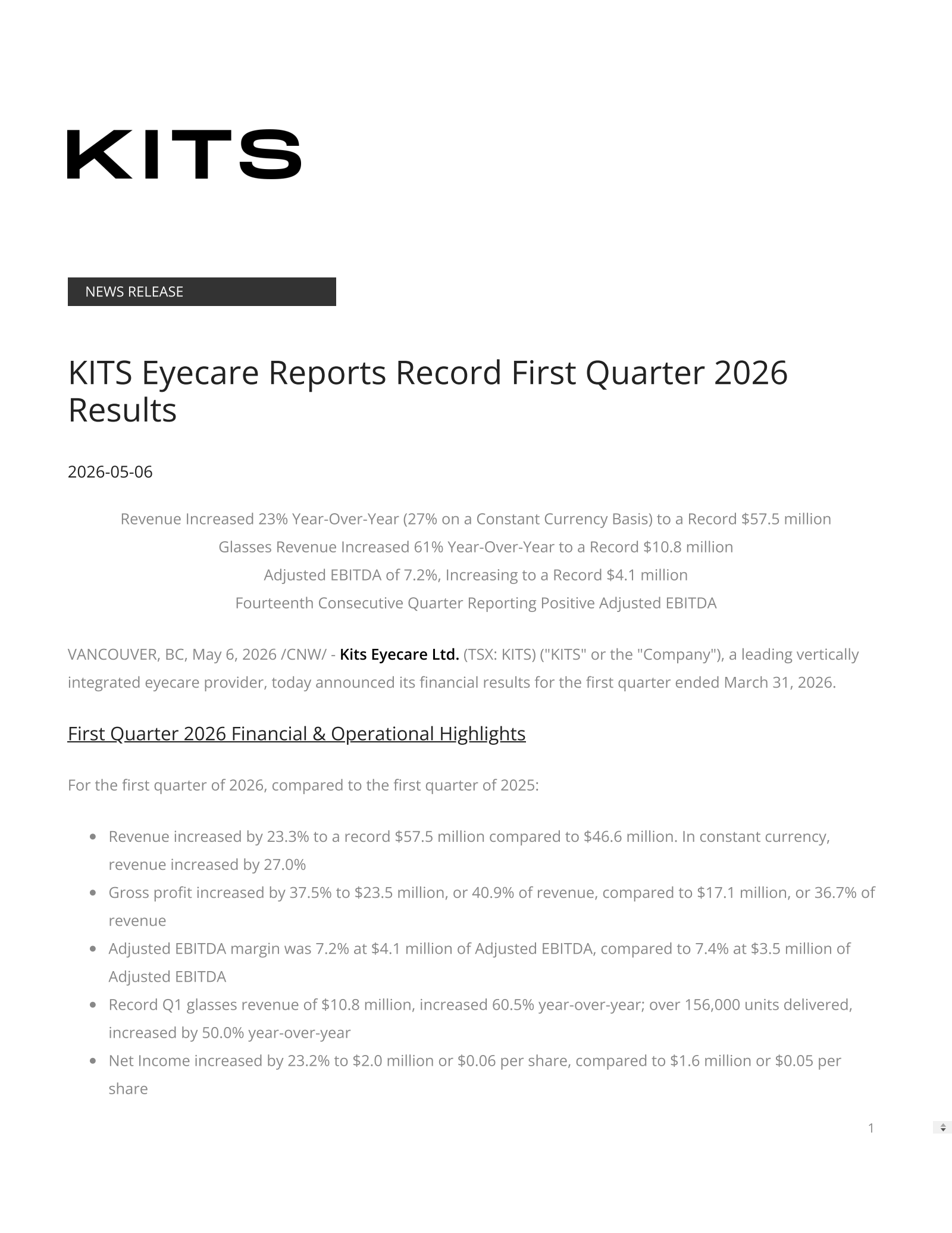 Kits Eyecare's Q1 2026 Press Release
