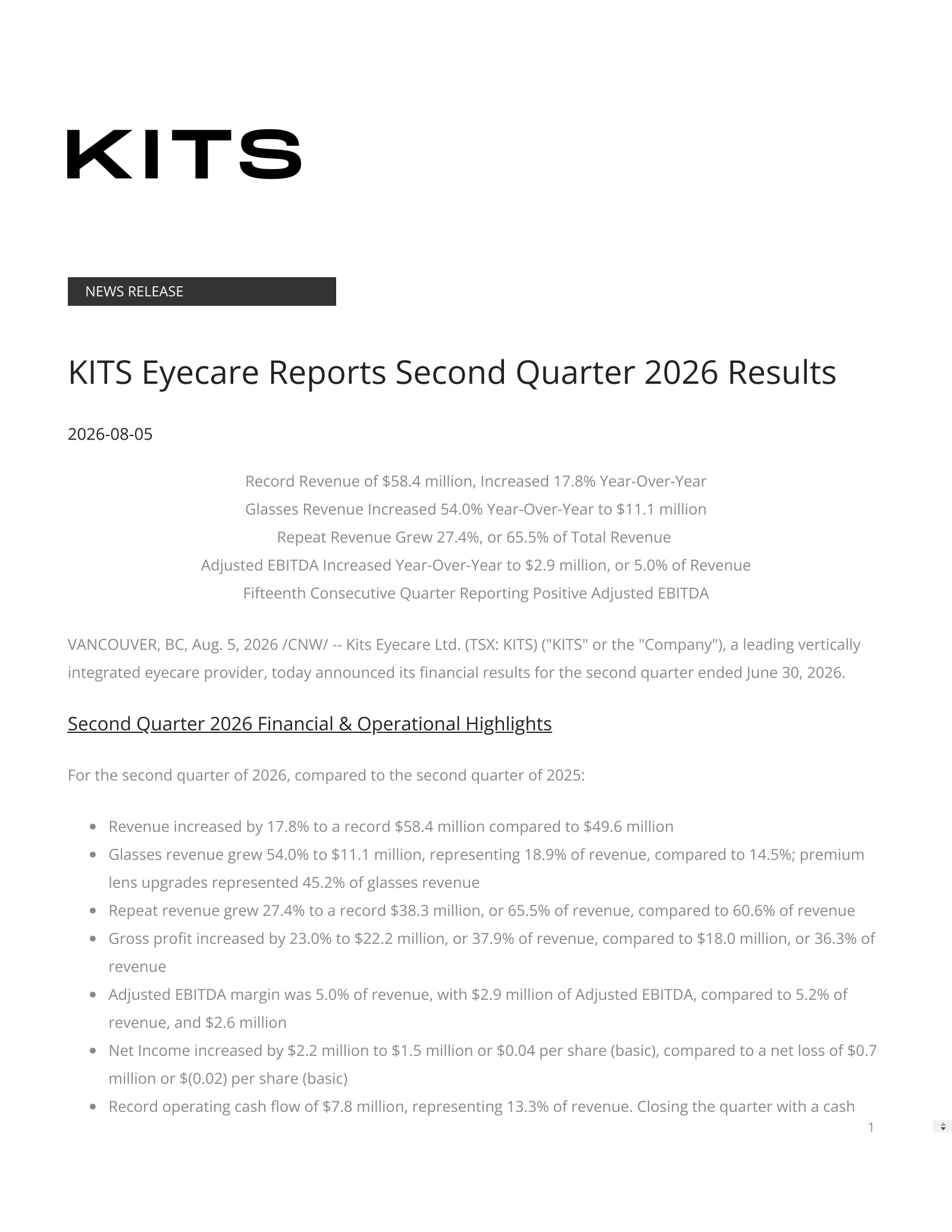 Kits Eyecare's Q2 2026 Press Release