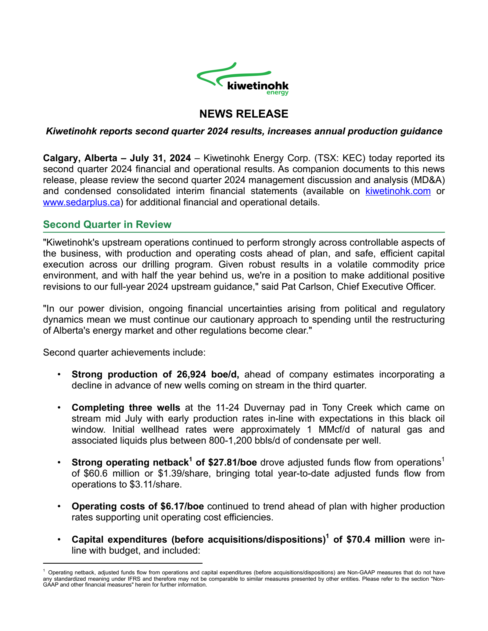 Kiwetinohk Energy's Q2 2024 Interim report