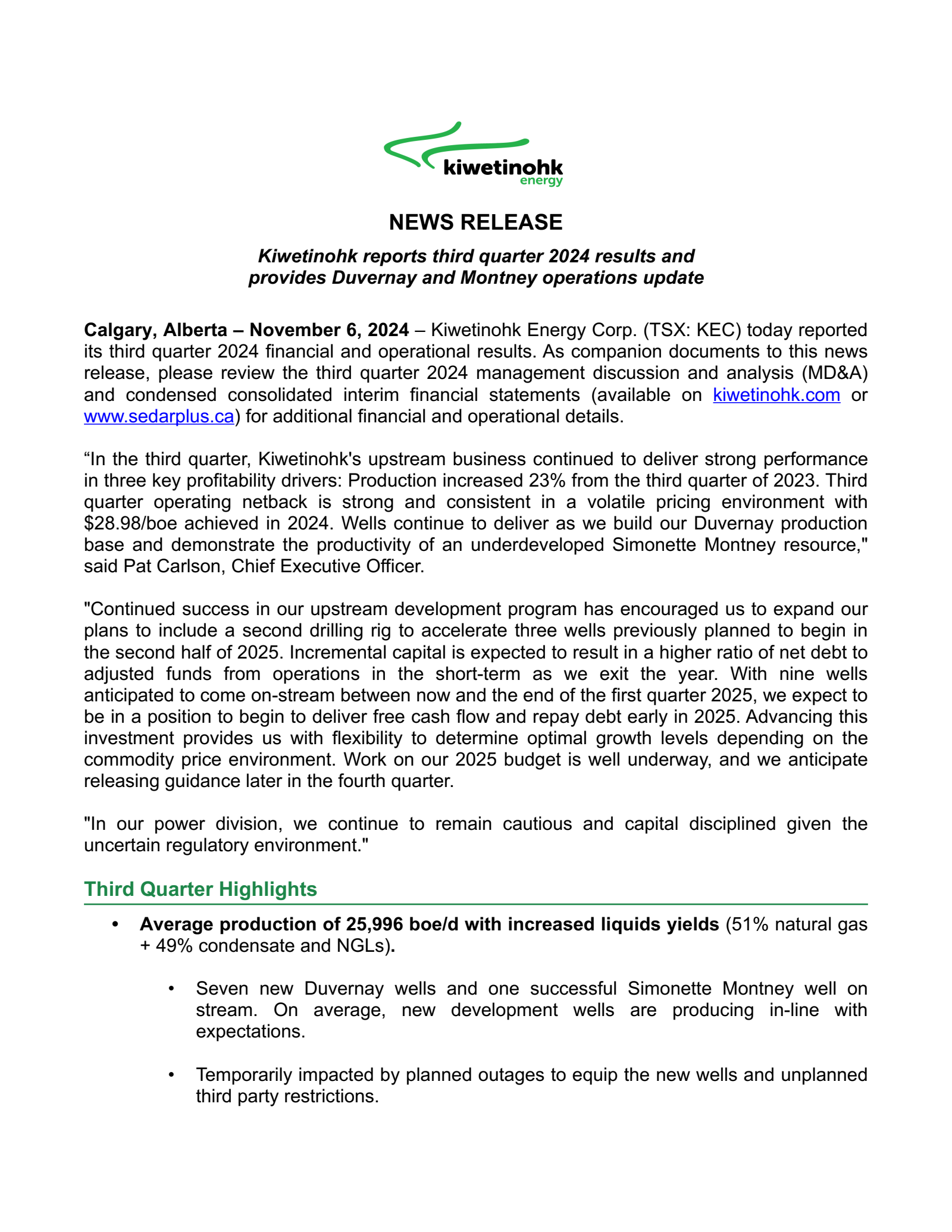 Kiwetinohk Energy's Q3 2024 Interim report