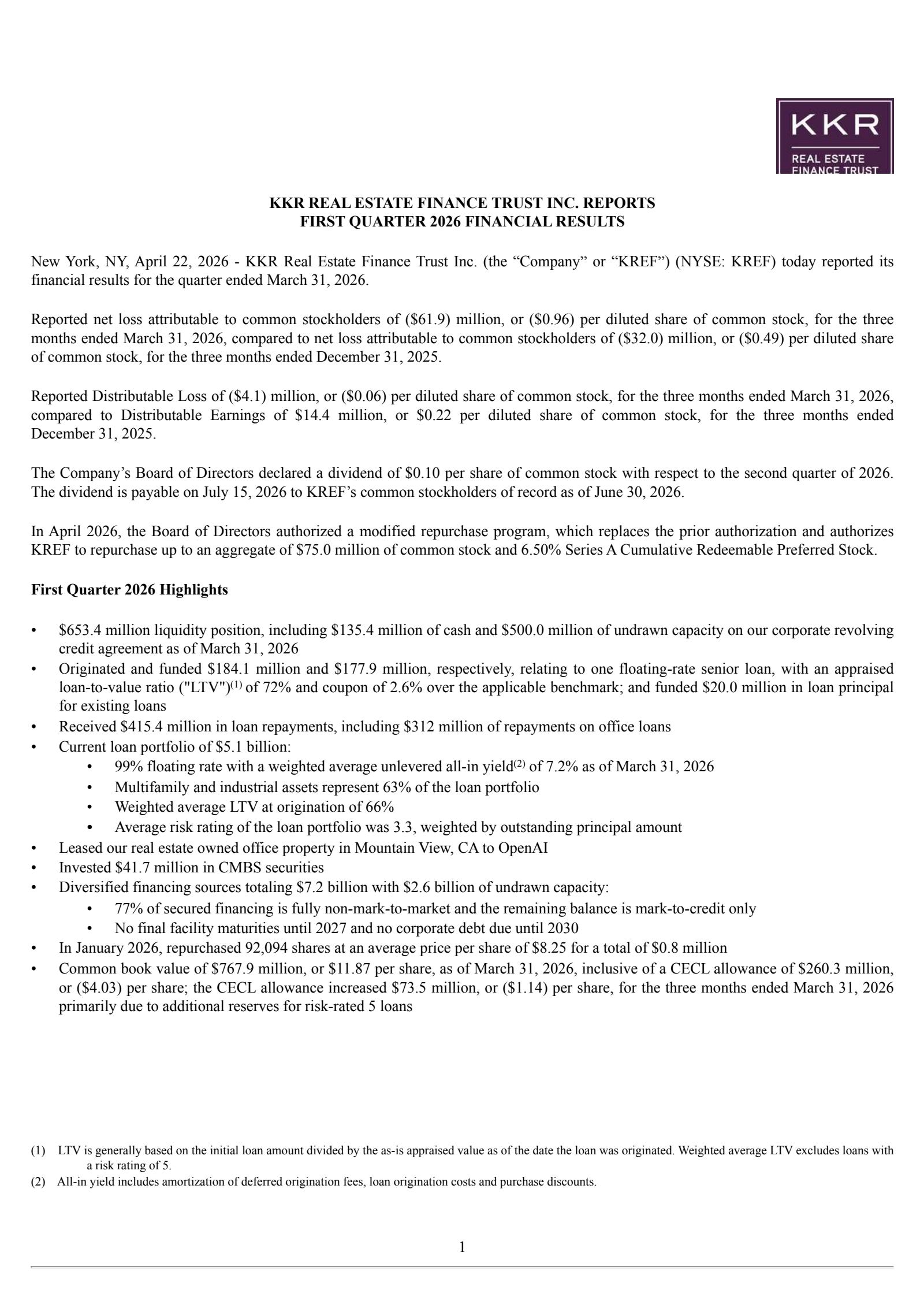 KKR Real Estate Finance Trust's Q1 2026 Press Release