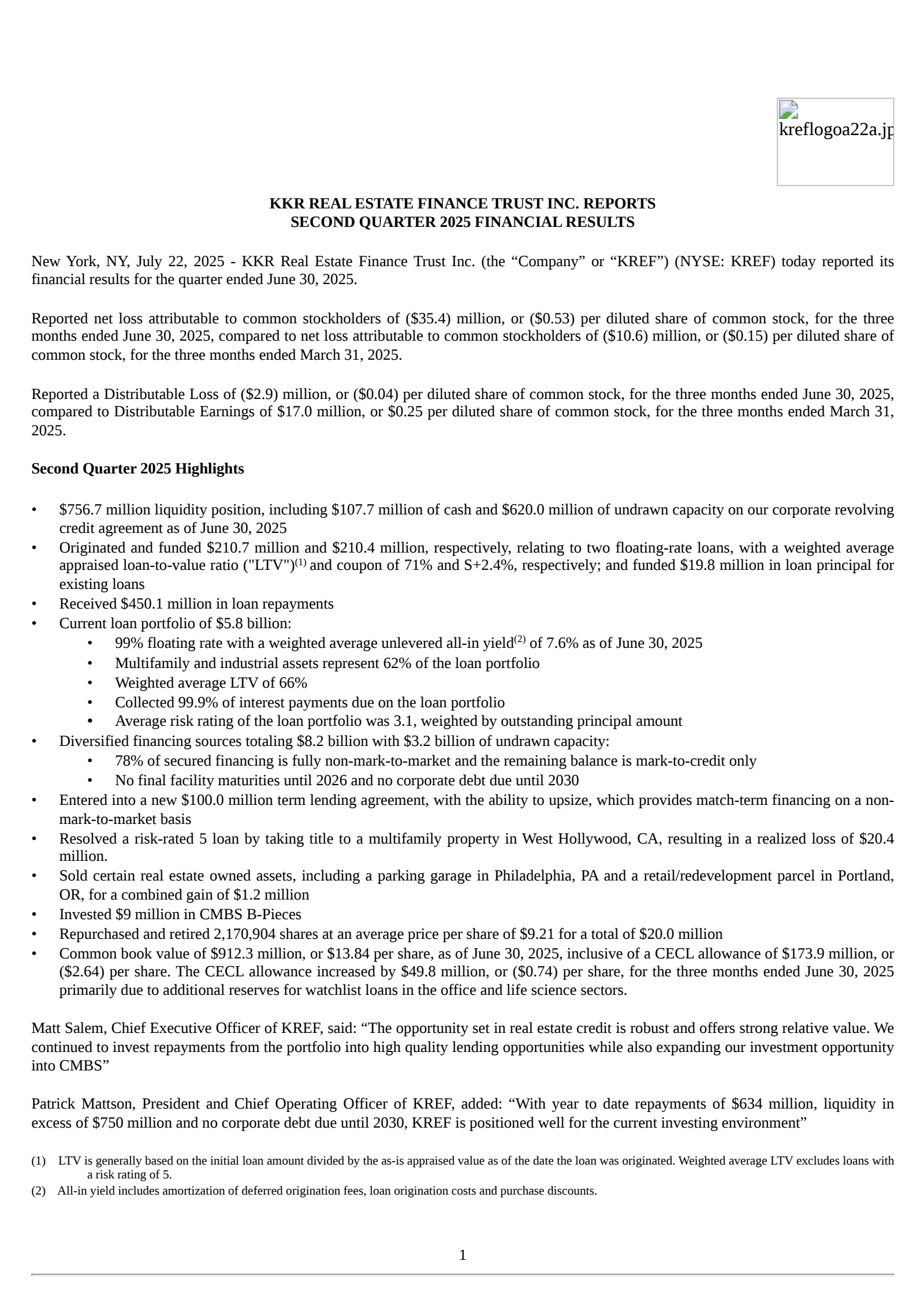 KKR Real Estate Finance Trust's Q2 2025 Press Release