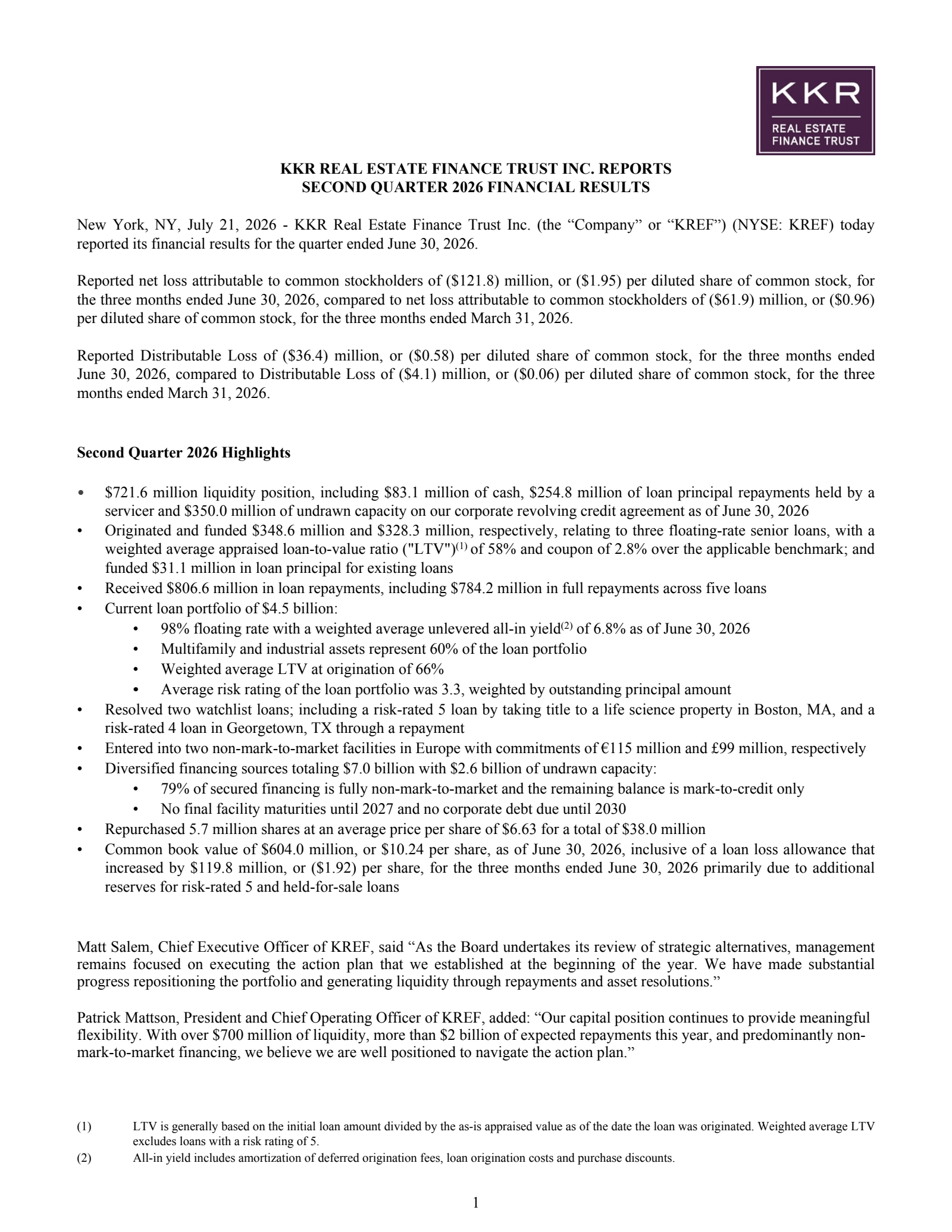 KKR Real Estate Finance Trust's Q2 2026 Press Release