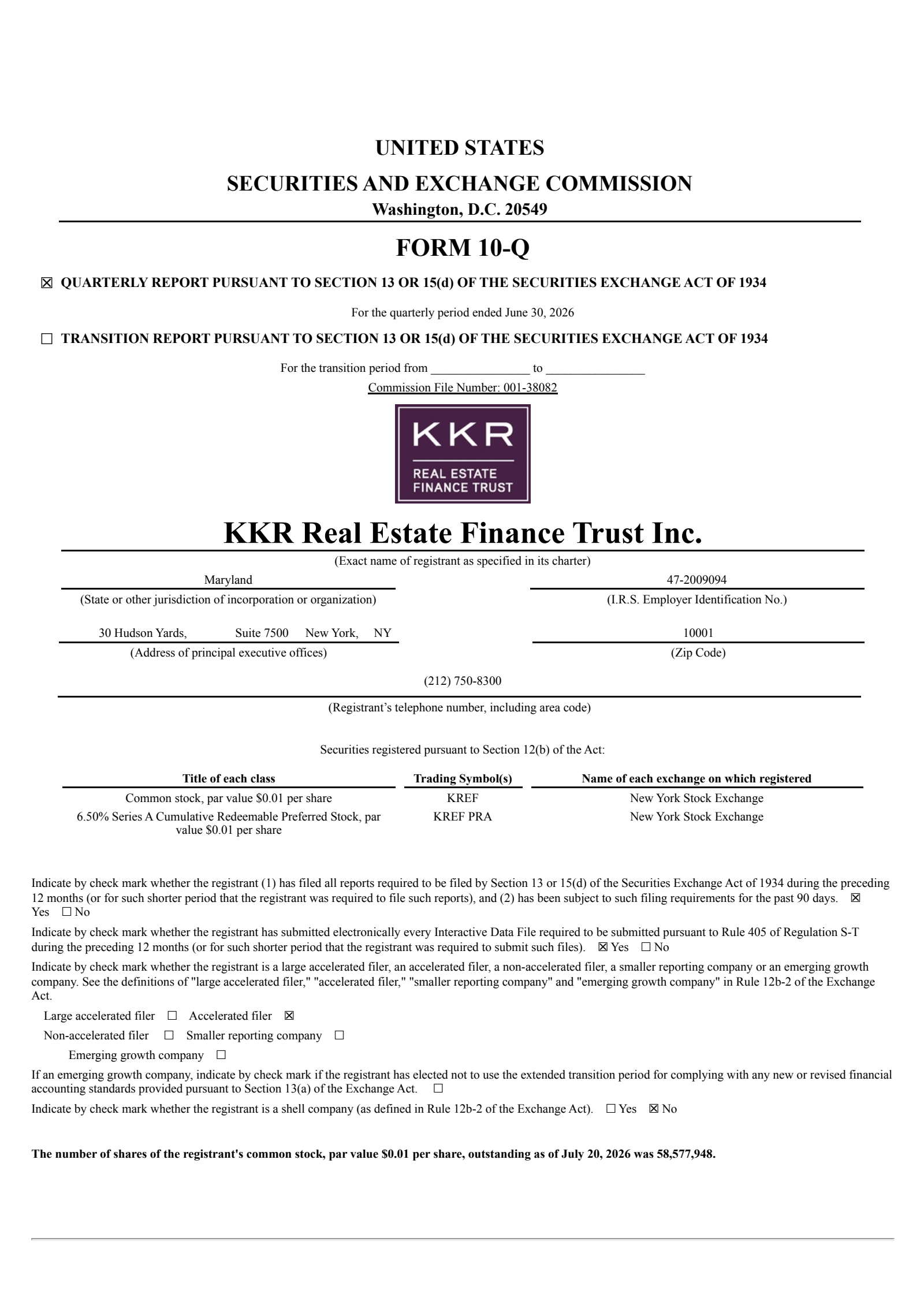KKR Real Estate Finance Trust's Q2 2026 Quarterly report