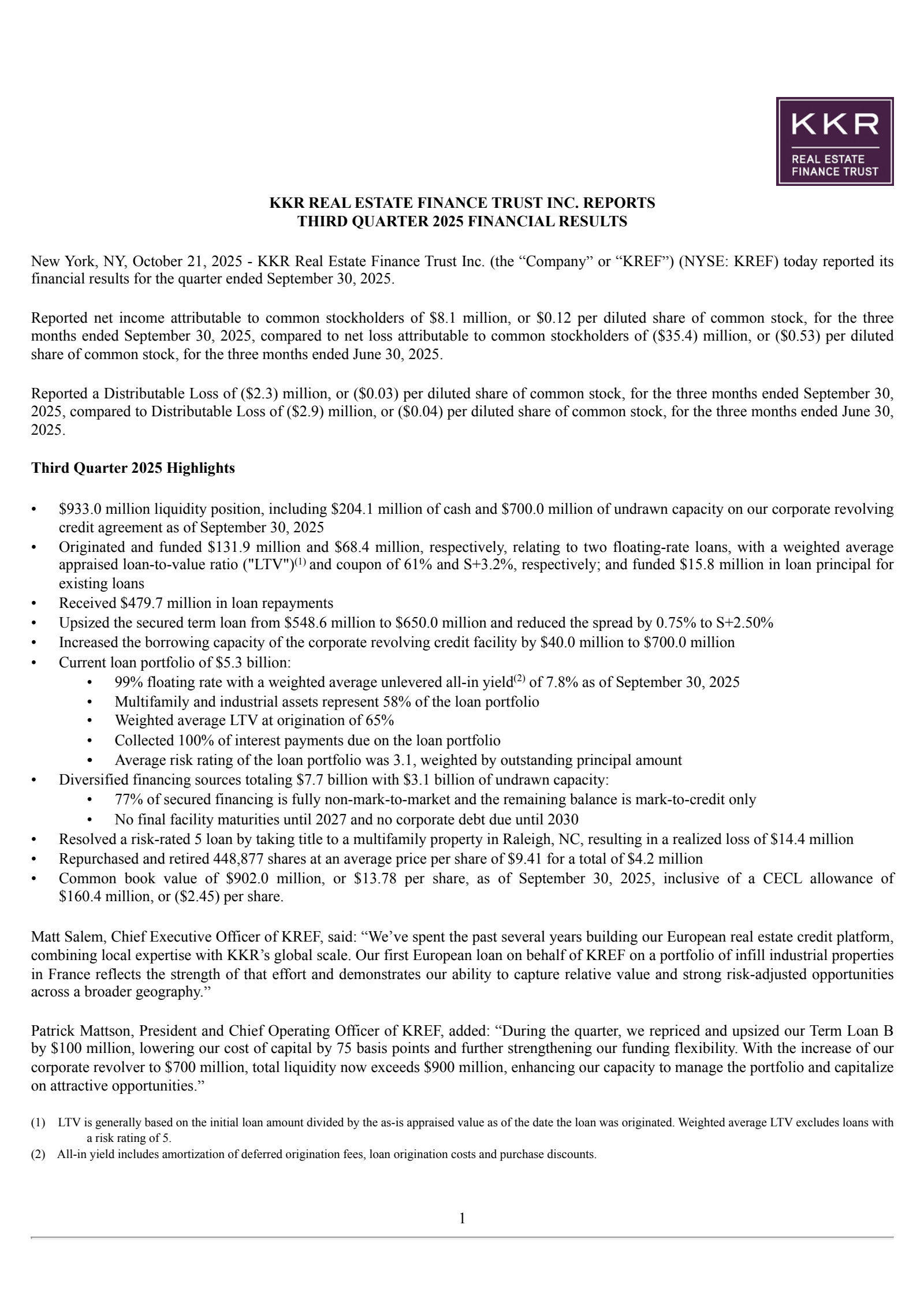 KKR Real Estate Finance Trust's Q3 2025 Earnings Release
