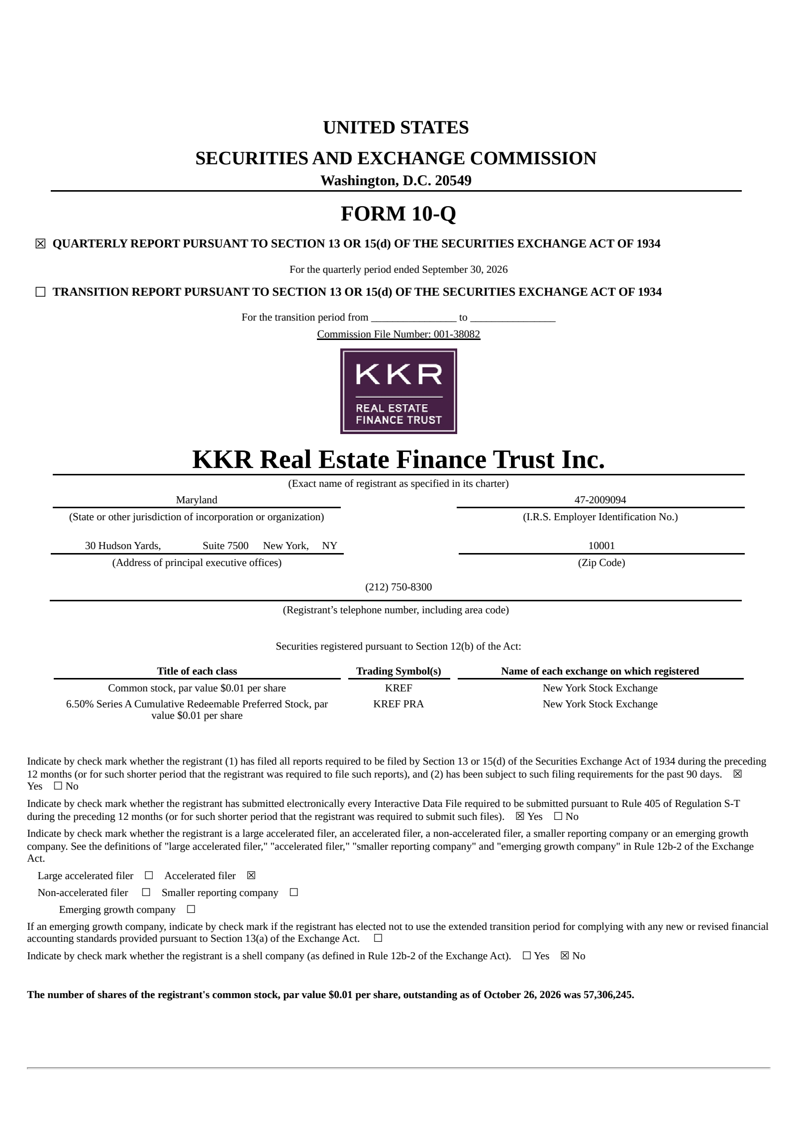 KKR Real Estate Finance Trust's Q3 2026 Quarterly report