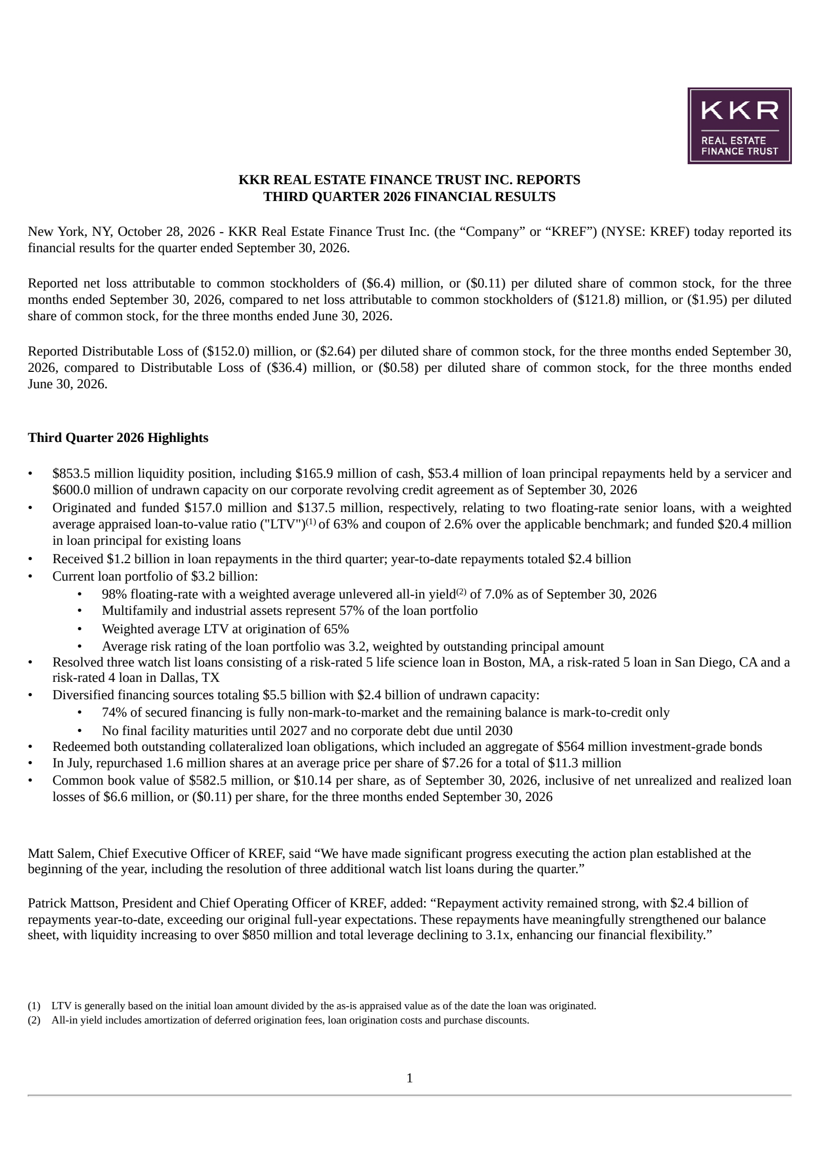 KKR Real Estate Finance Trust's Q3 2026 Press Release
