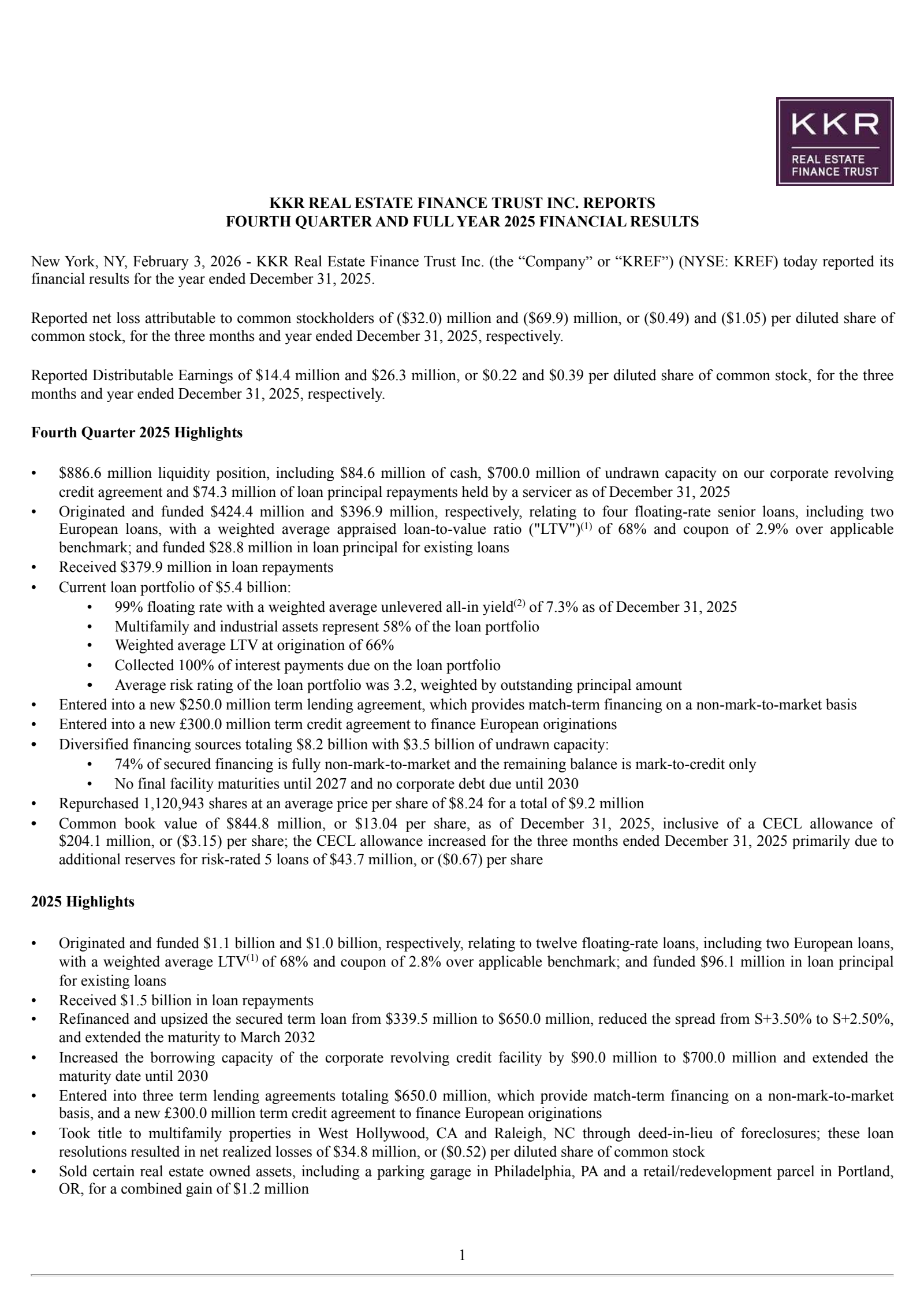 KKR Real Estate Finance Trust's Q4 2025 Press Release