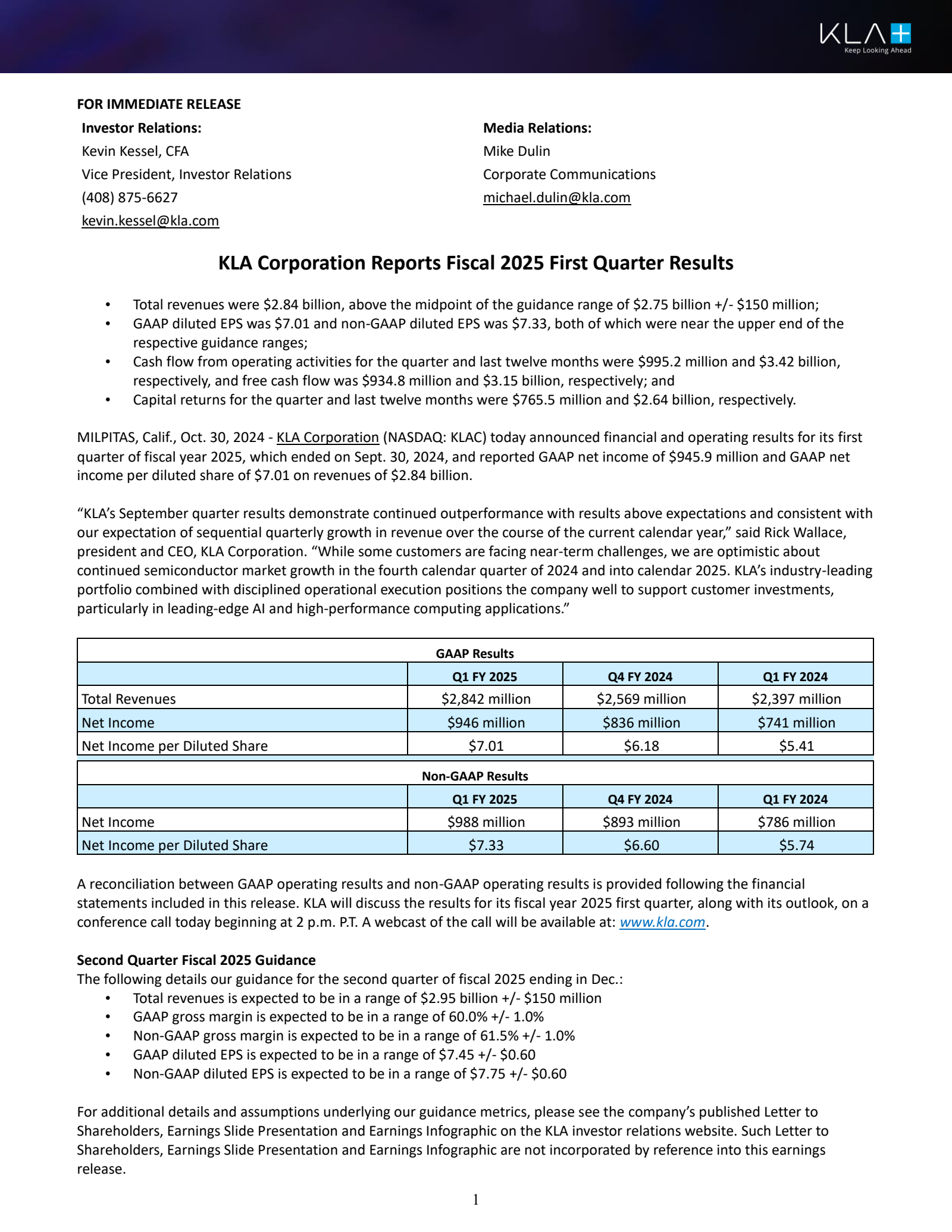KLA's Q1 2025 Earnings Release