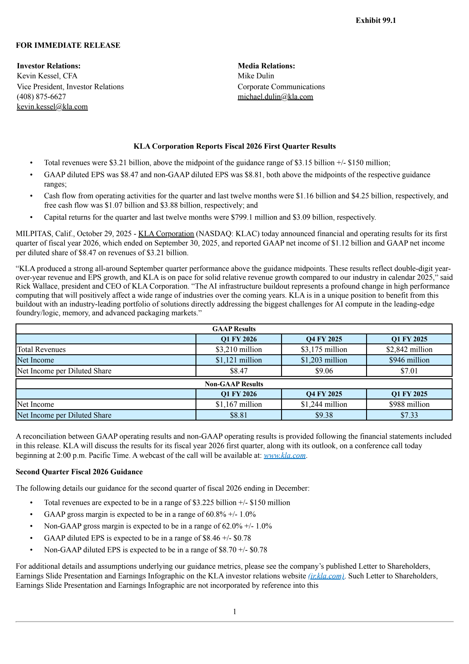 KLA's Q1 2026 Earnings Release