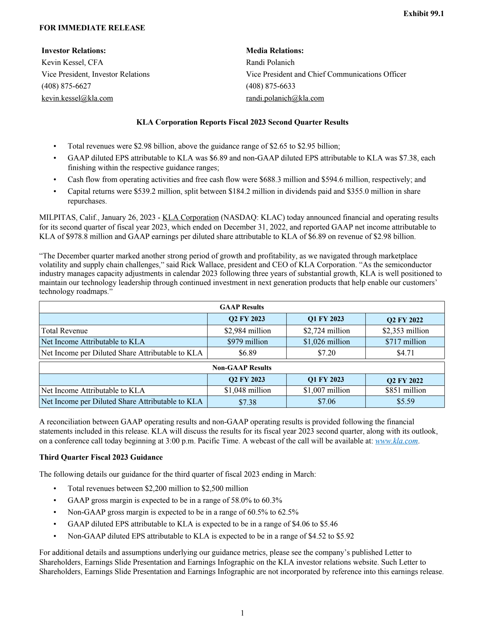 KLA's Q2 2023 Press Release