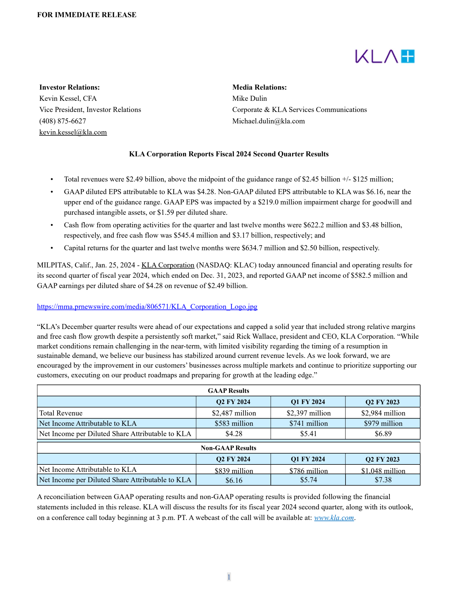 KLA's Q2 2024 Earnings Release