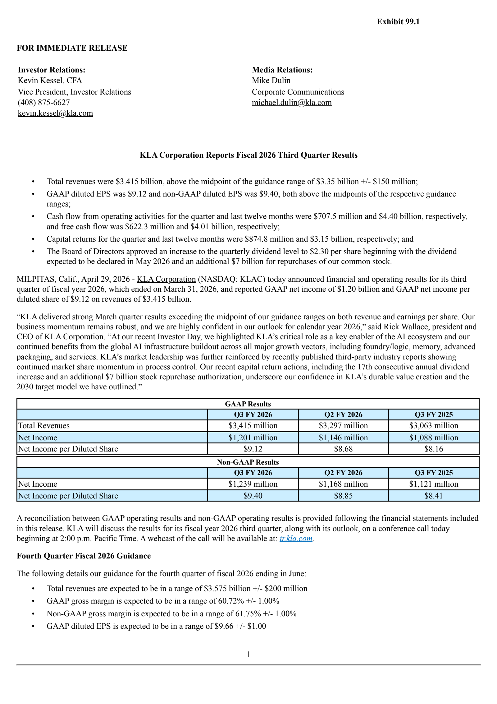 KLA's Q3 2026 Press Release