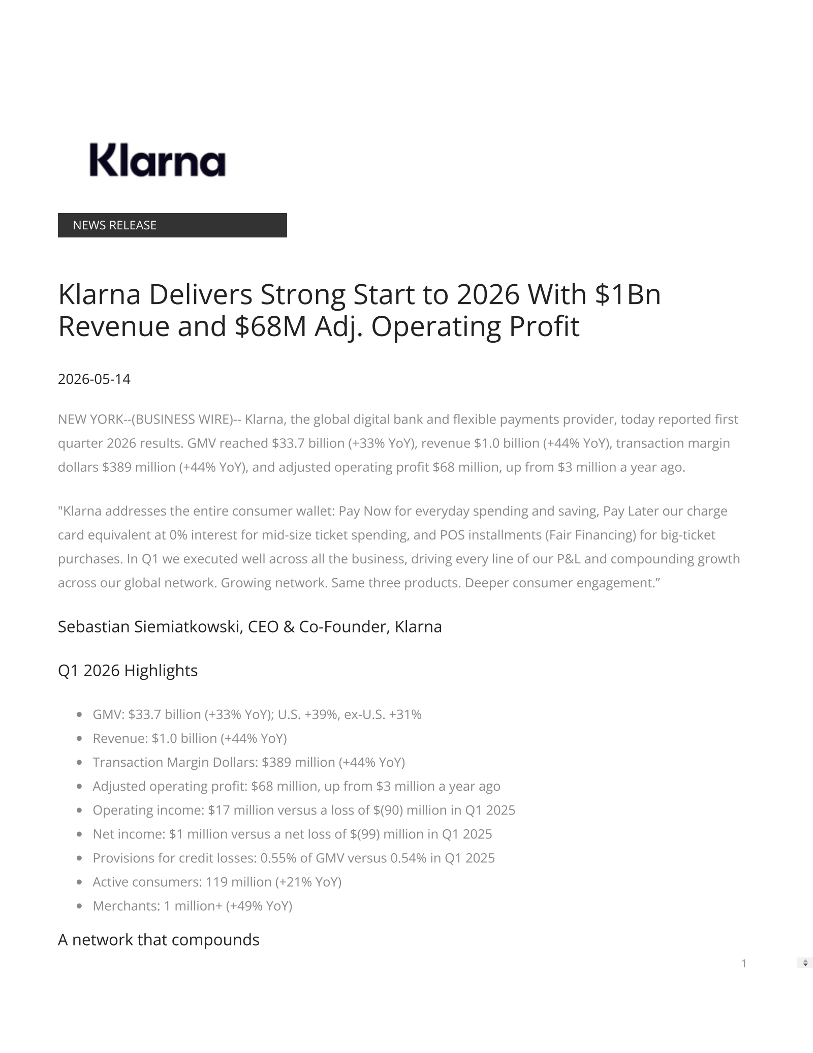 Klarna Group's Q1 2026 Press Release