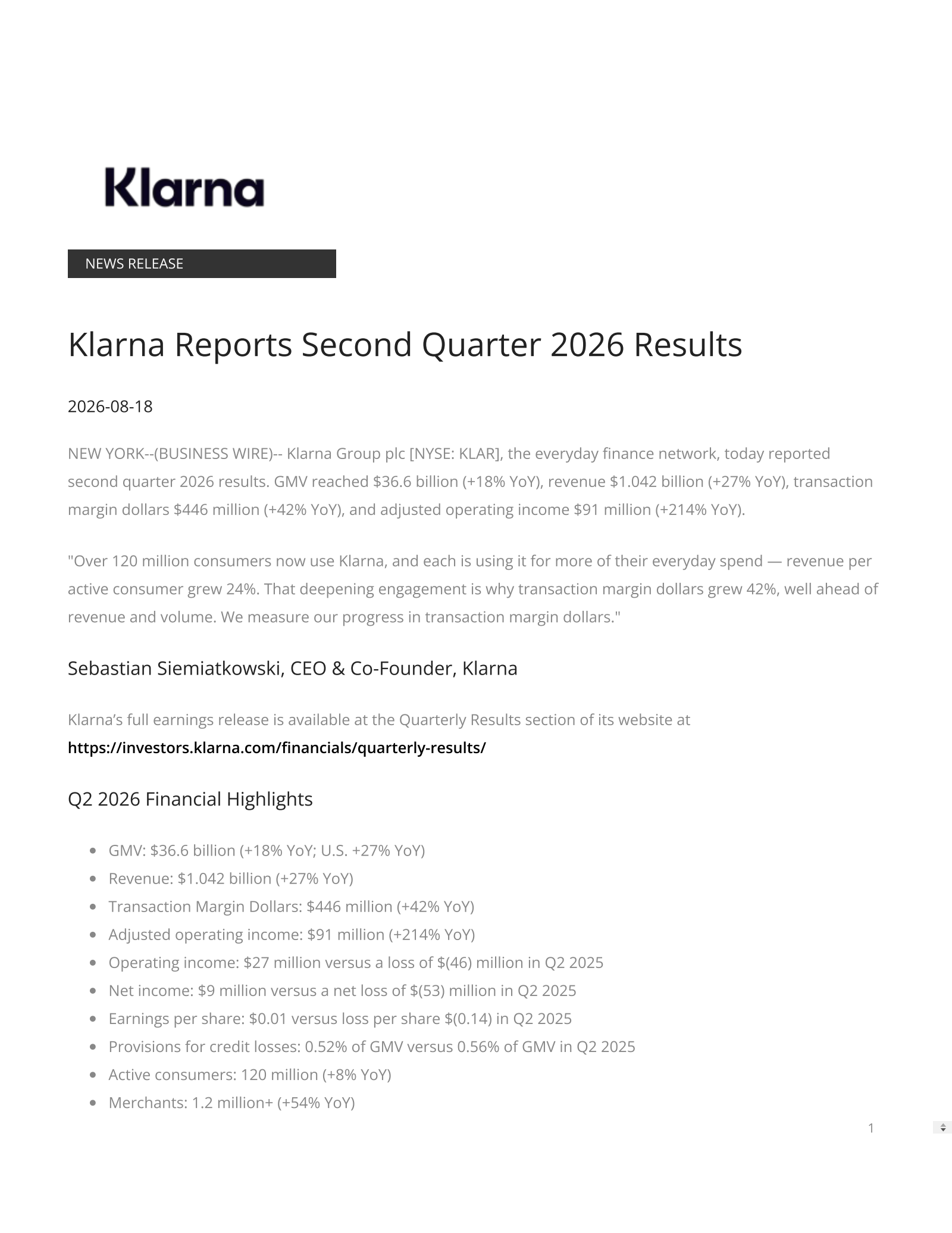 Klarna Group's Q2 2026 Press Release