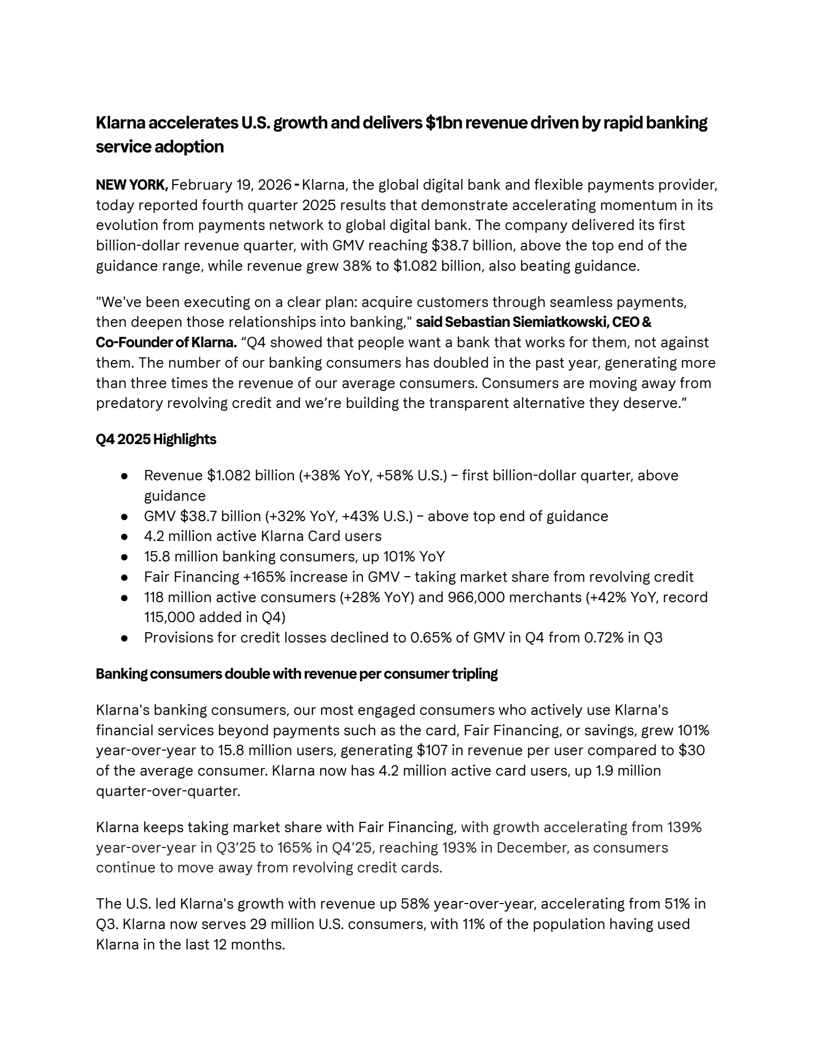 Klarna Group's Q4 2025 Press Release