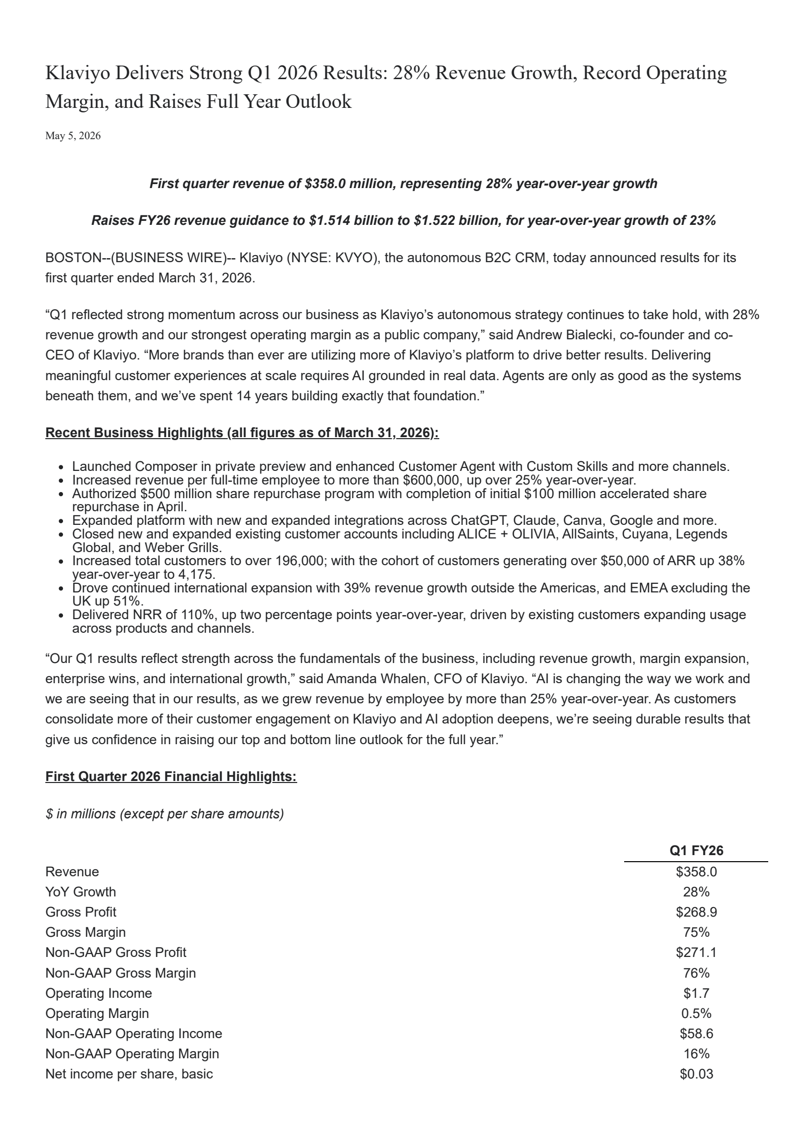 Klaviyo's Q1 2026 Press Release