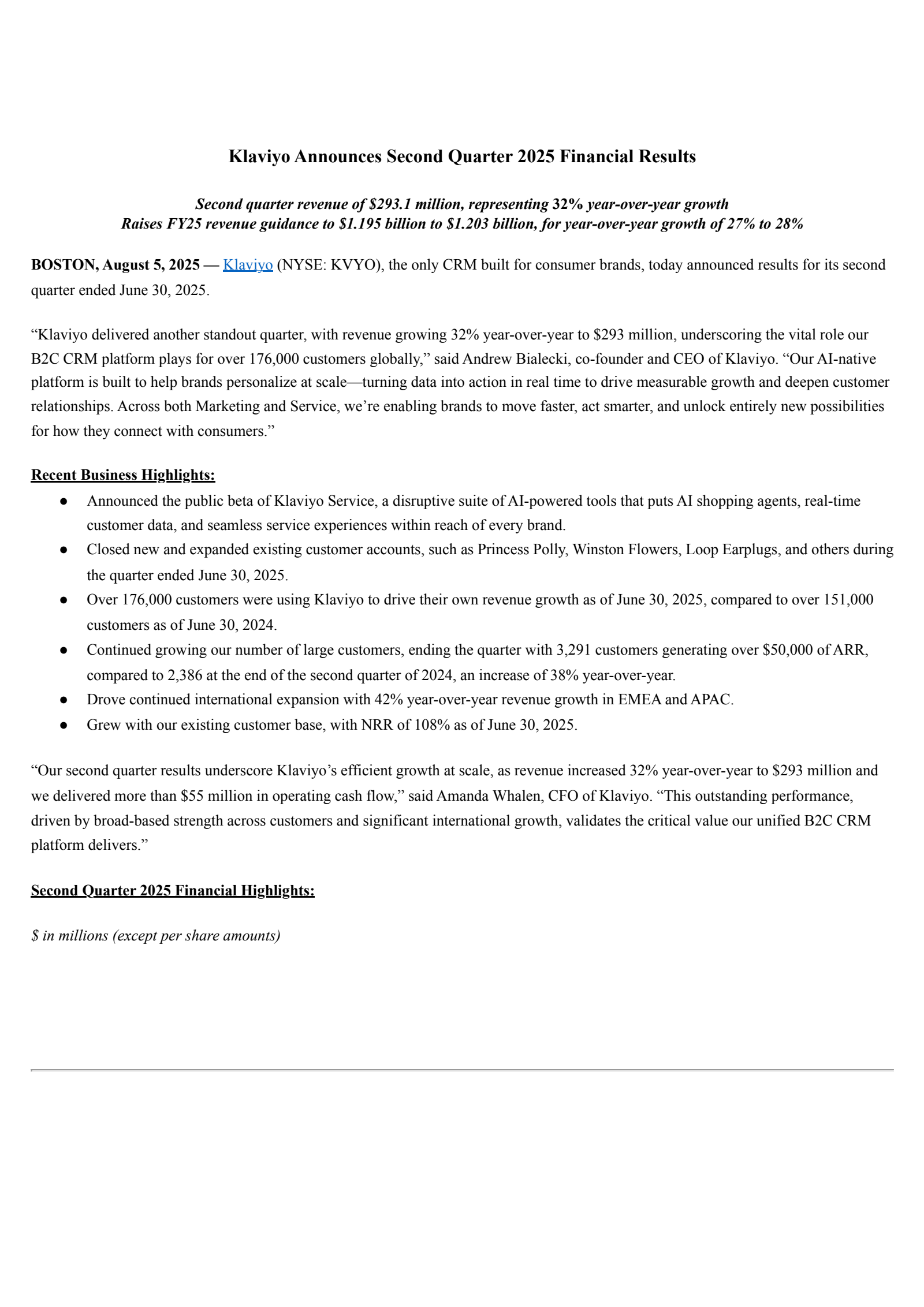 Klaviyo's Q2 2025 Press Release
