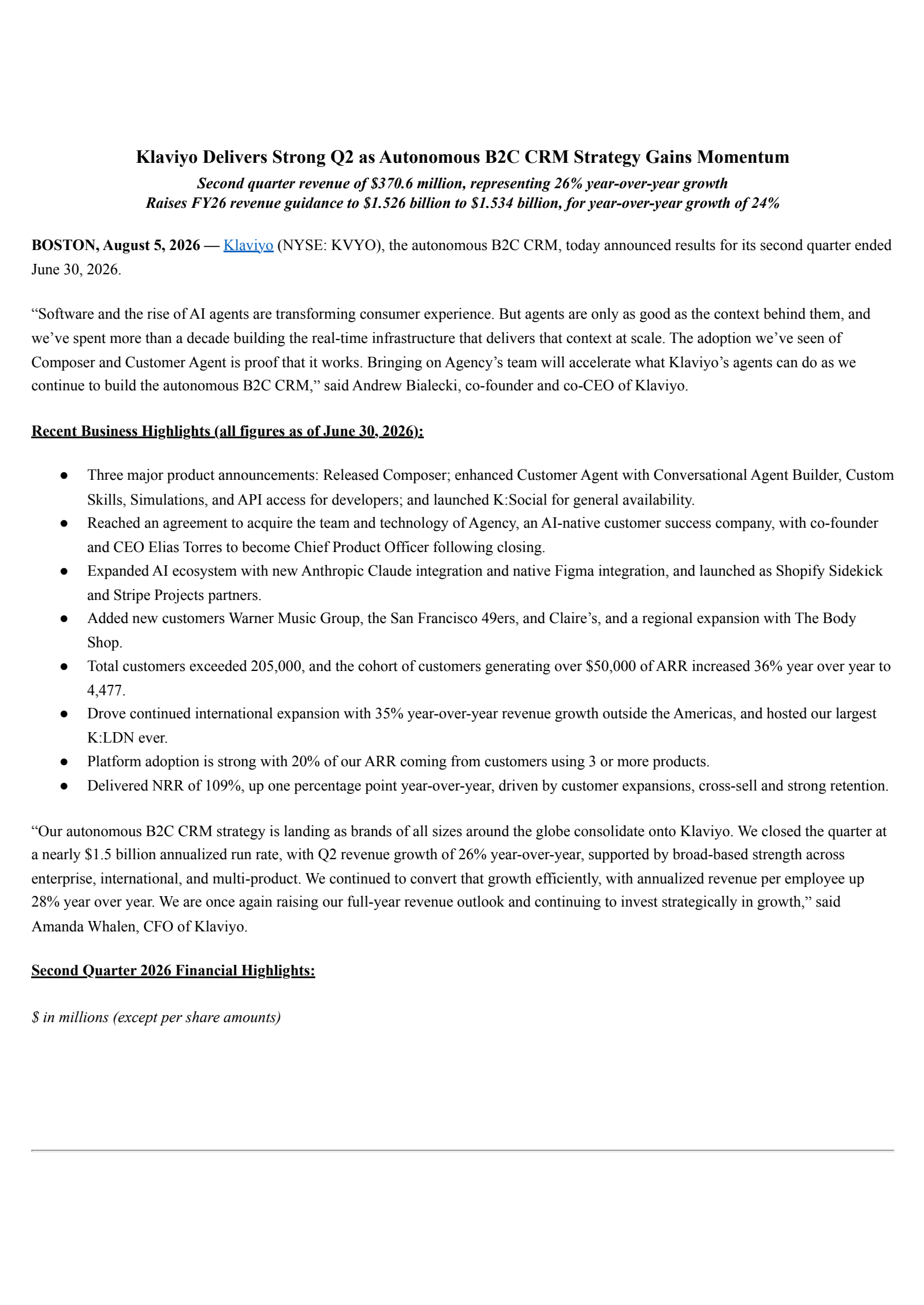 Klaviyo's Q2 2026 Press Release