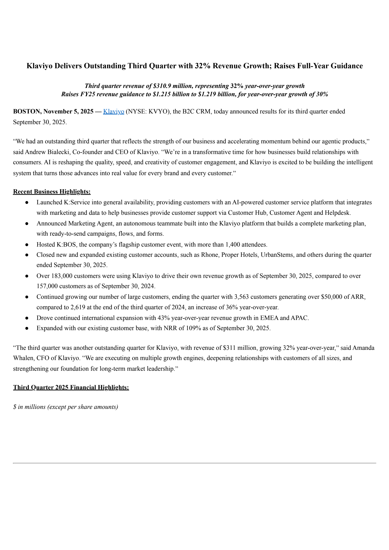 Klaviyo's Q3 2025 Earnings Release