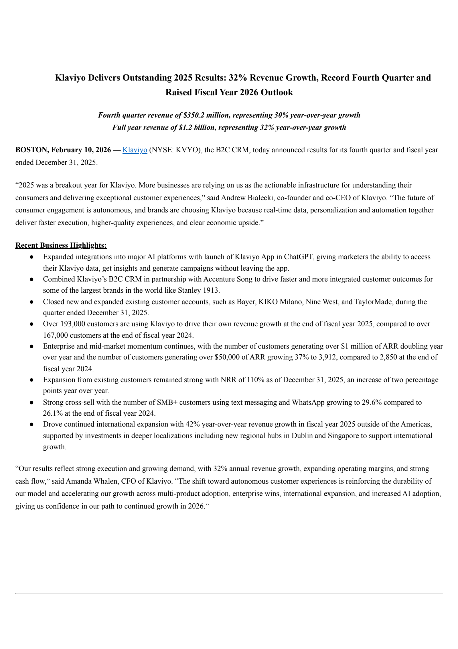 Klaviyo's Q4 2025 Press Release