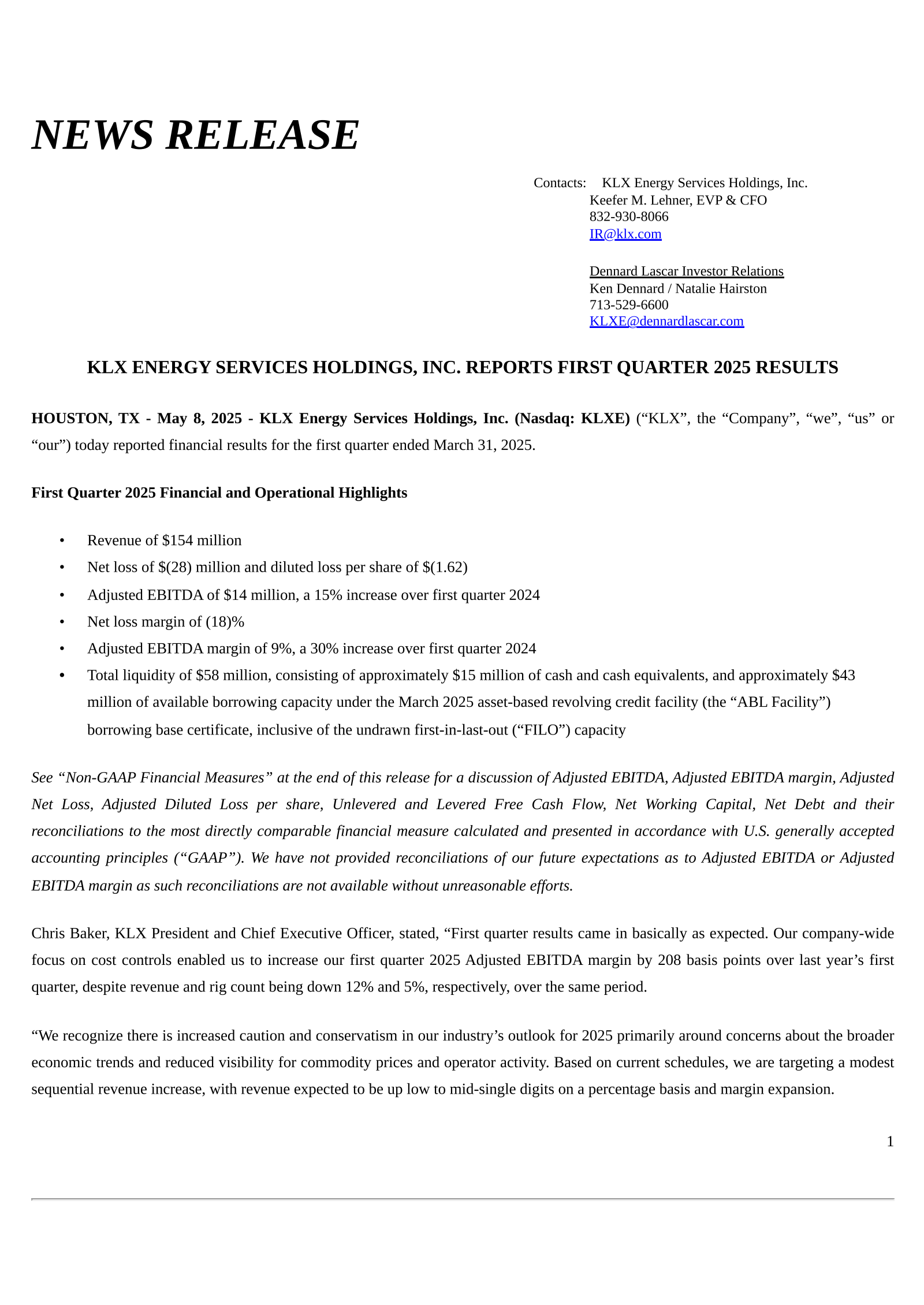 KLX Energy Services' Q1 2025 Press Release