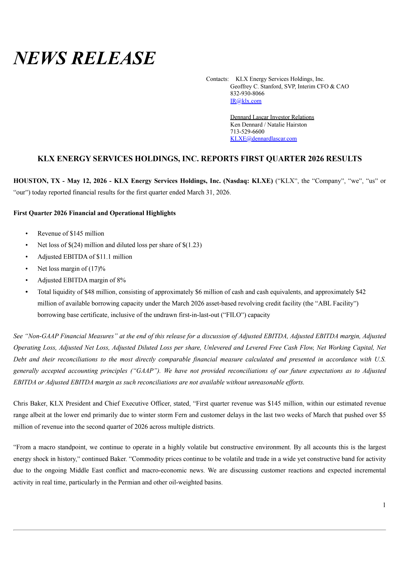 KLX Energy Services' Q1 2026 Press Release