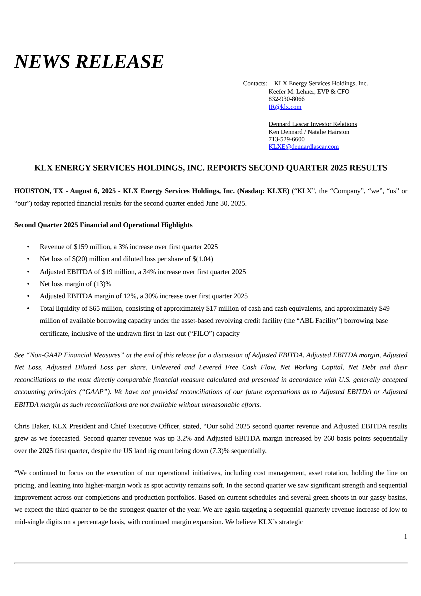 KLX Energy Services' Q2 2025 Press Release