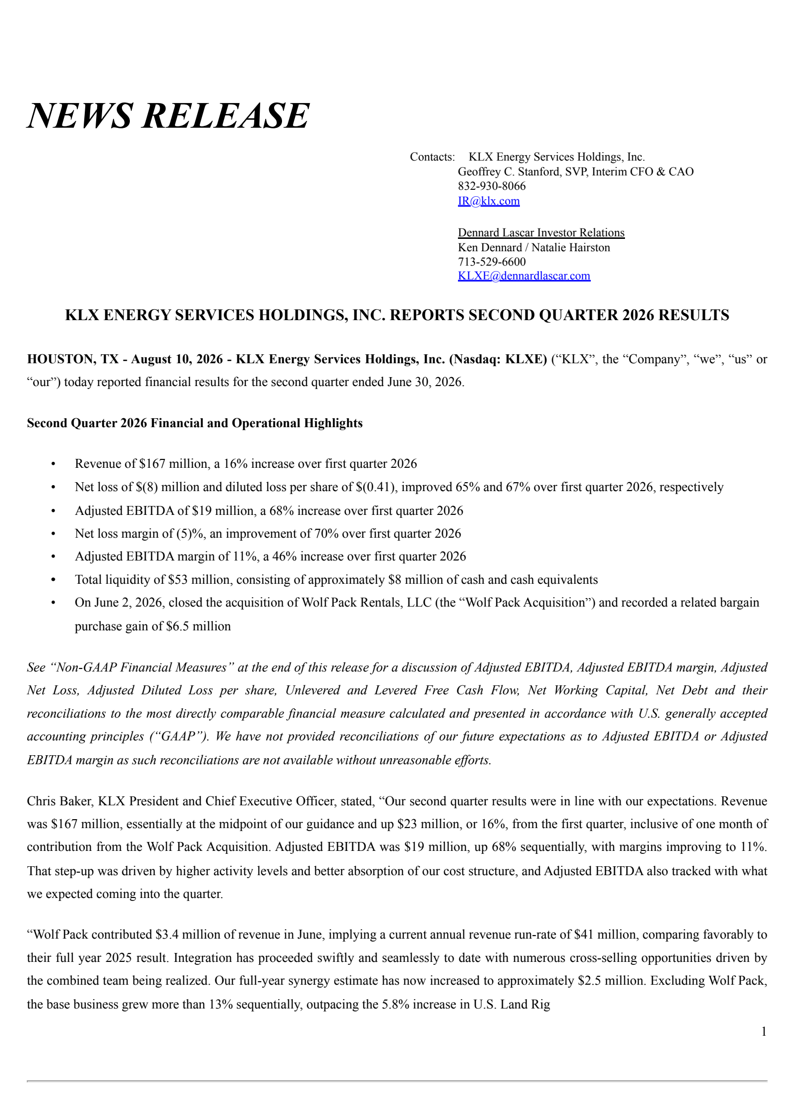 KLX Energy Services' Q2 2026 Press Release