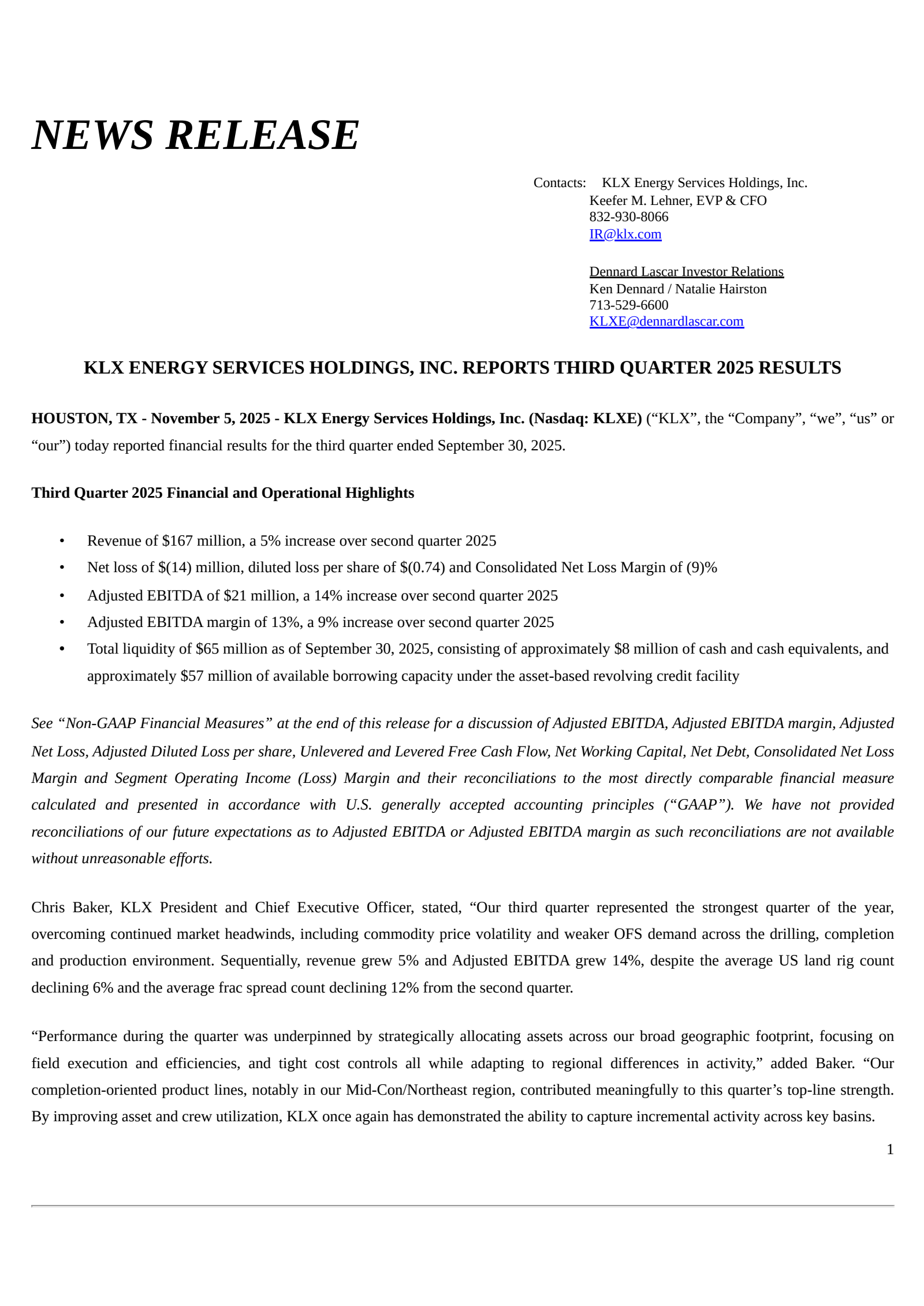 KLX Energy Services' Q3 2025 Earnings Release