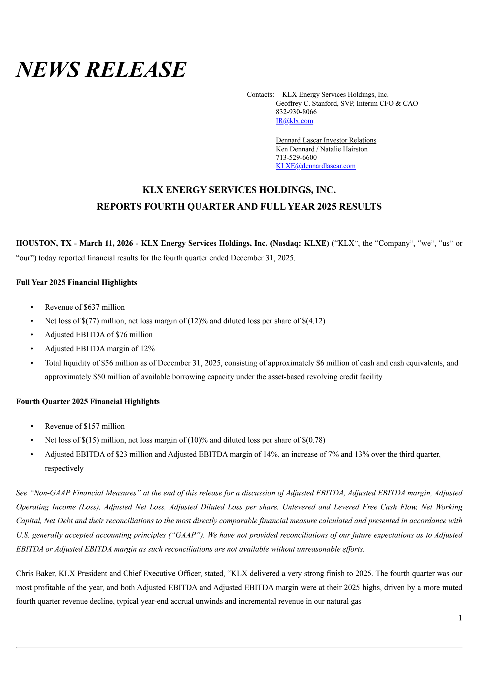 KLX Energy Services' Q4 2025 Press Release