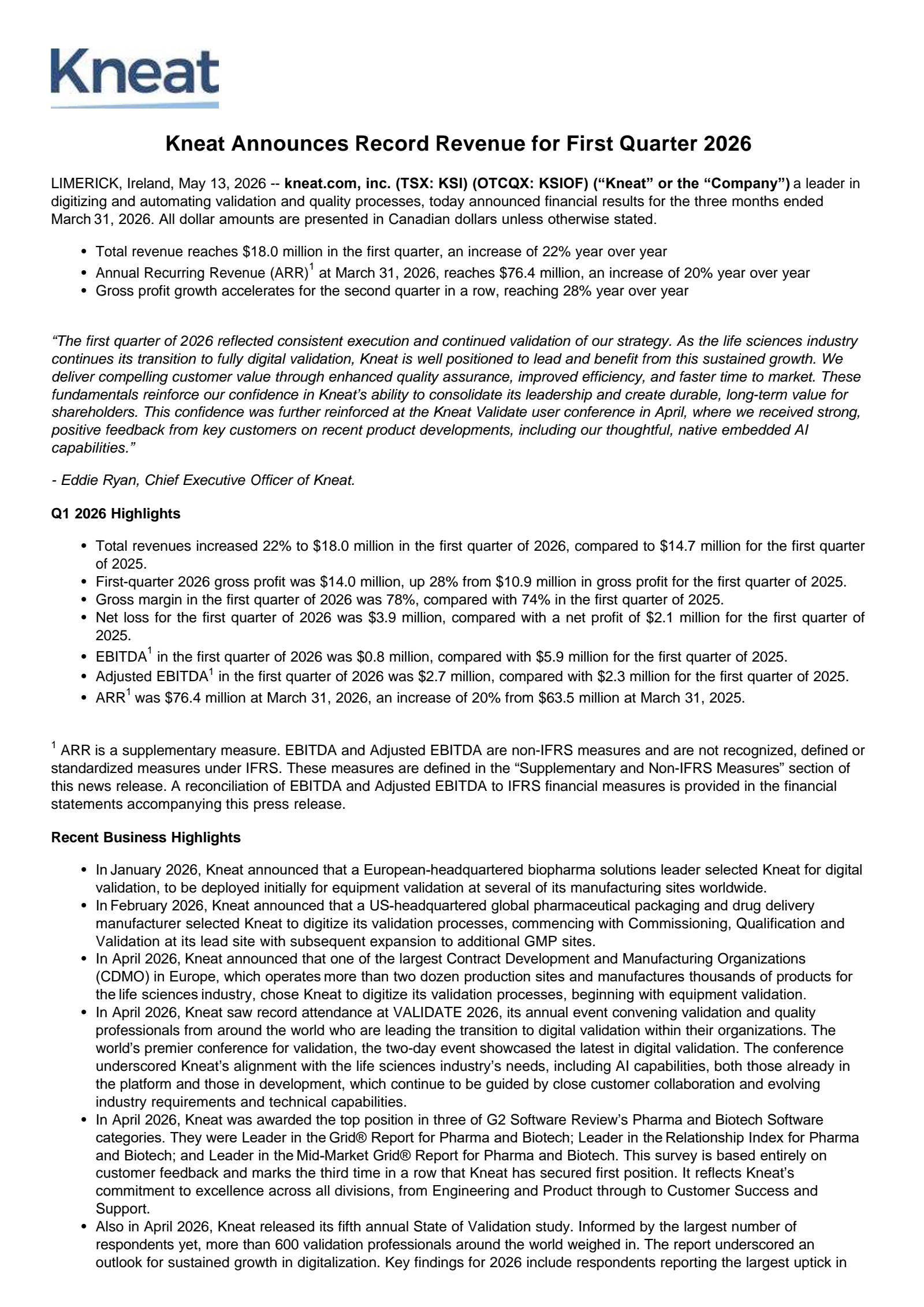 kneat.com's Q1 2026 Press Release