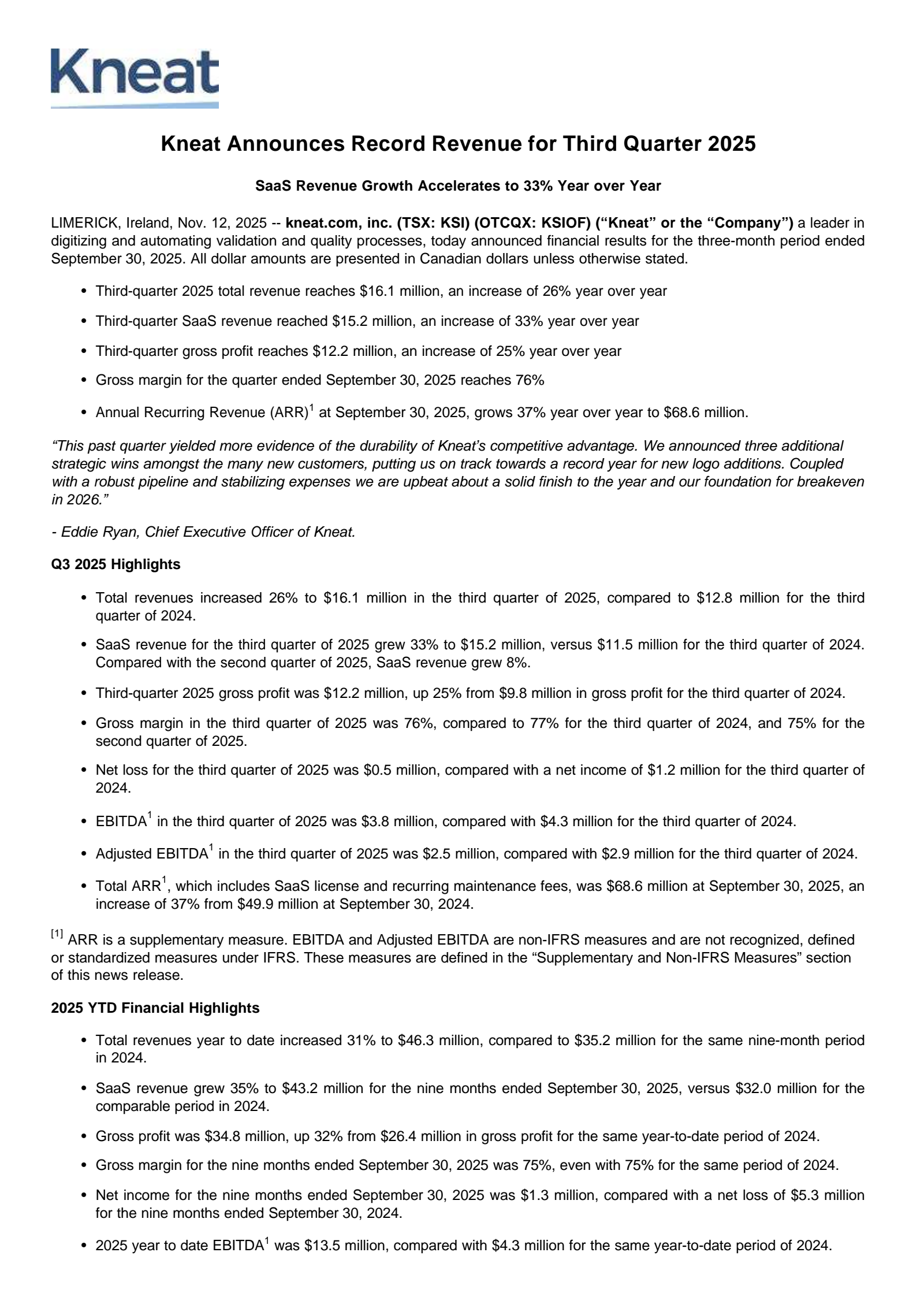 kneat.com's Q3 2025 Earnings Release