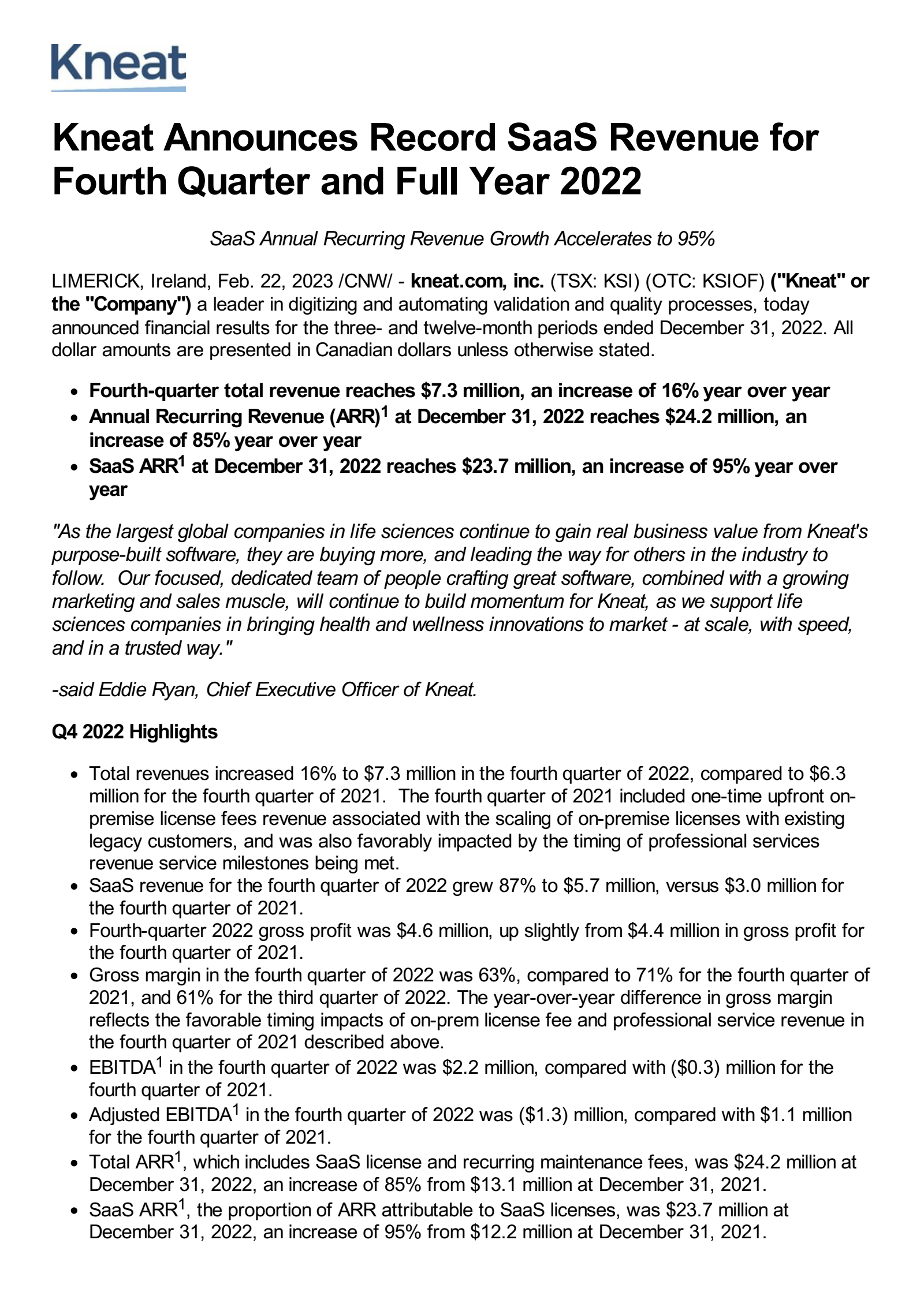 kneat.com's Q4 2022 Press Release
