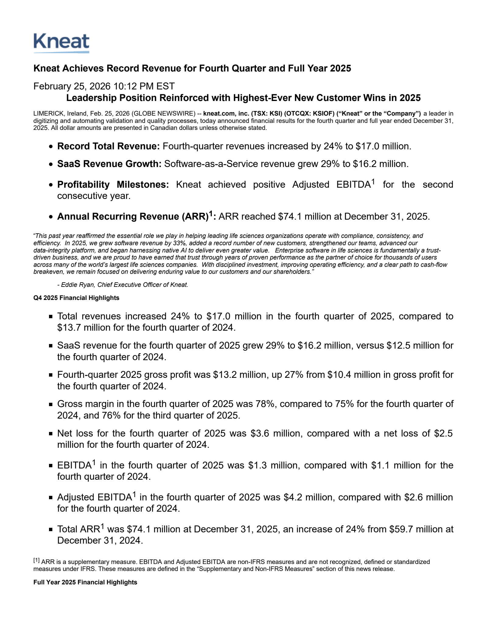 kneat.com's Q4 2025 Press Release