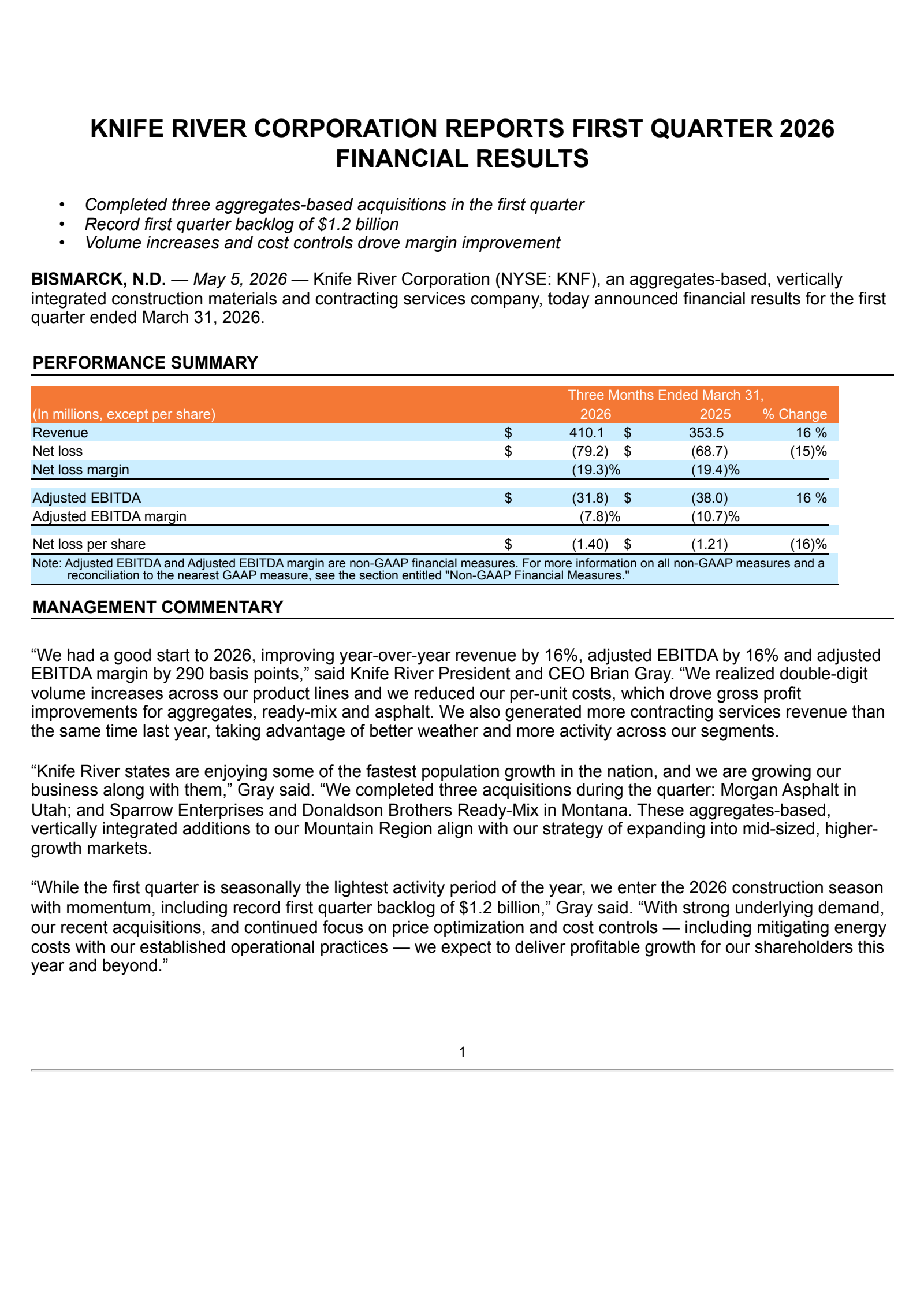 Knife River's Q1 2026 Press Release