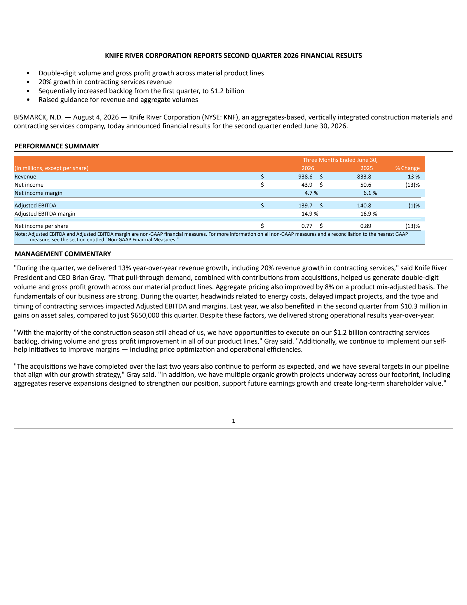 Knife River's Q2 2026 Press Release