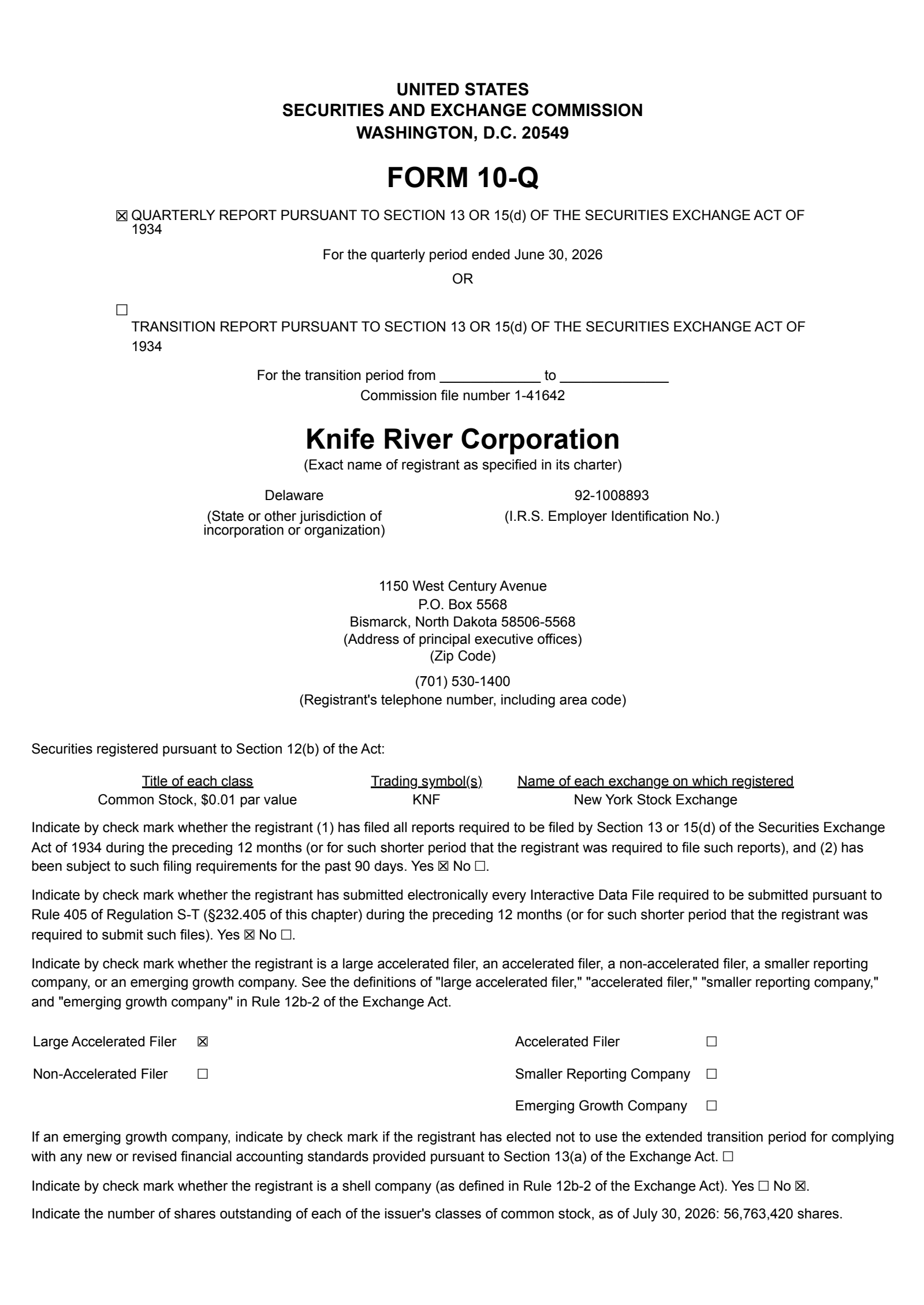 Knife River's Q2 2026 Quarterly report