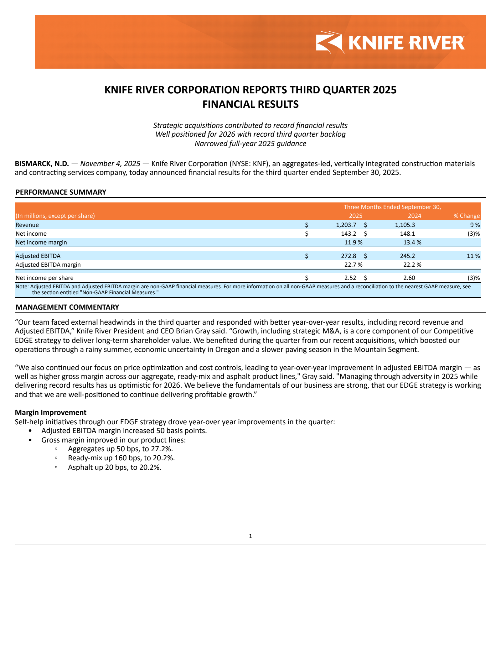 Knife River's Q3 2025 Earnings Release
