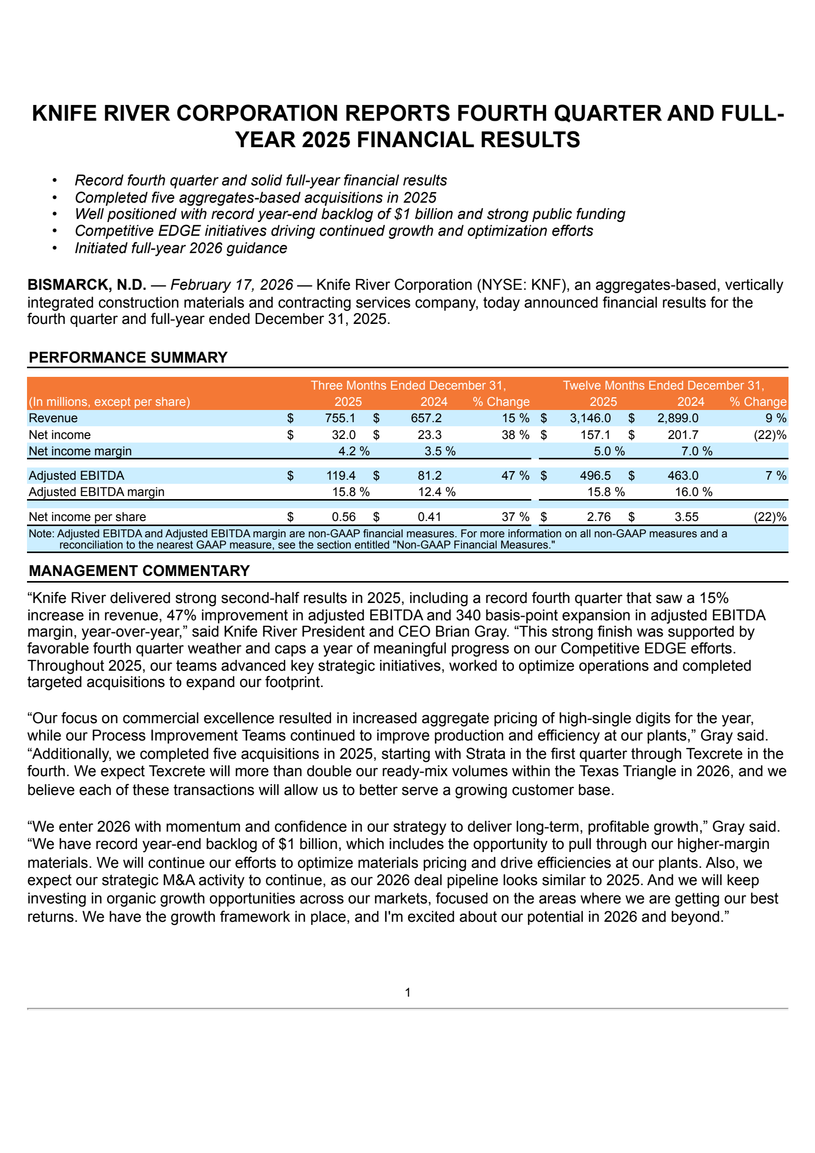Knife River's Q4 2025 Press Release