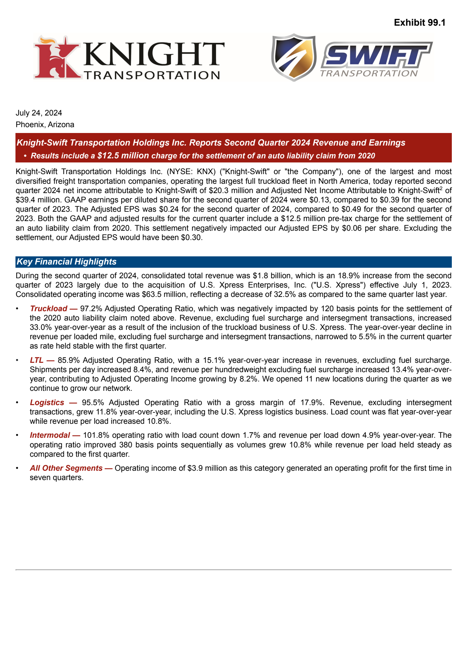 Knight-Swift Transportation's Q2 2024 Press Release
