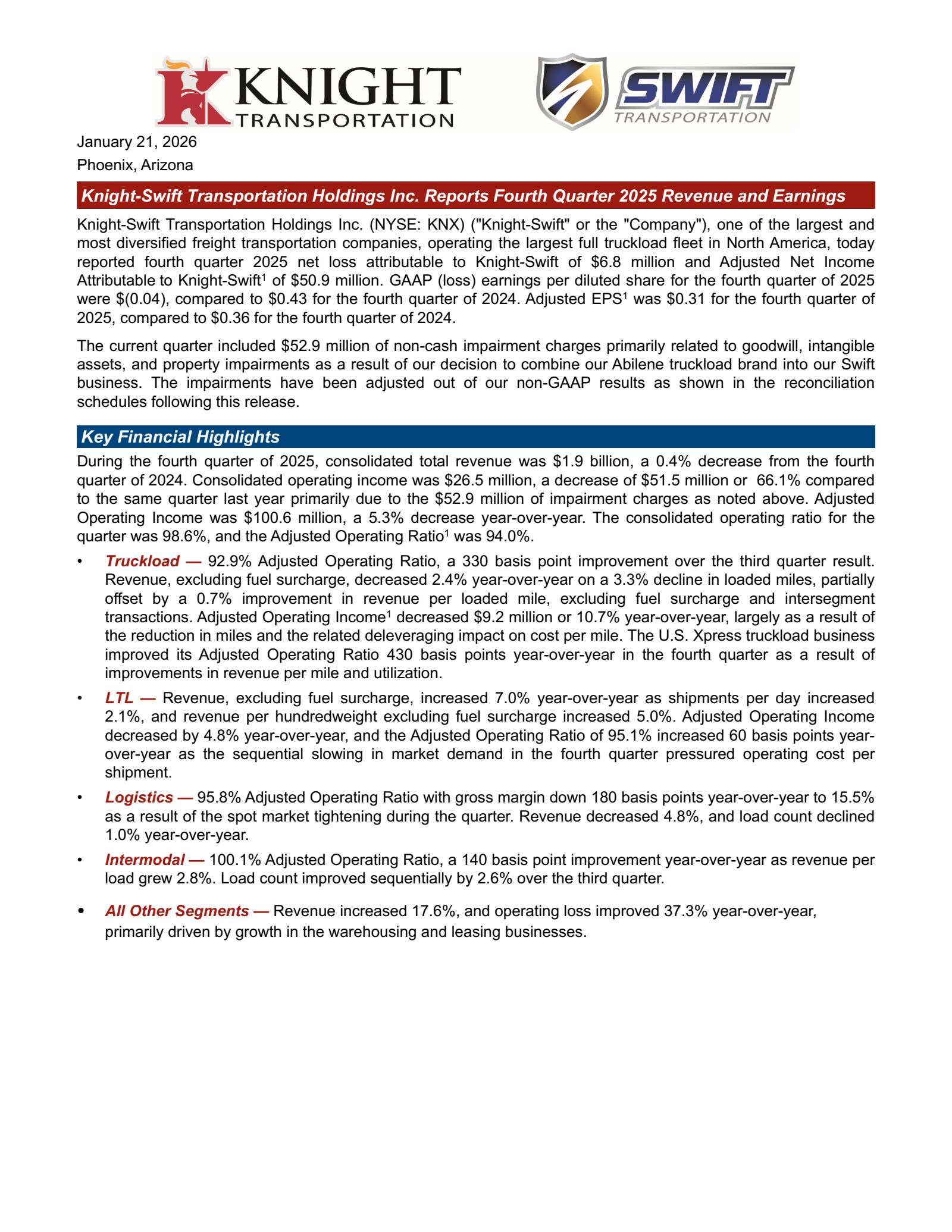 Knight-Swift Transportation's Q4 2025 Press Release