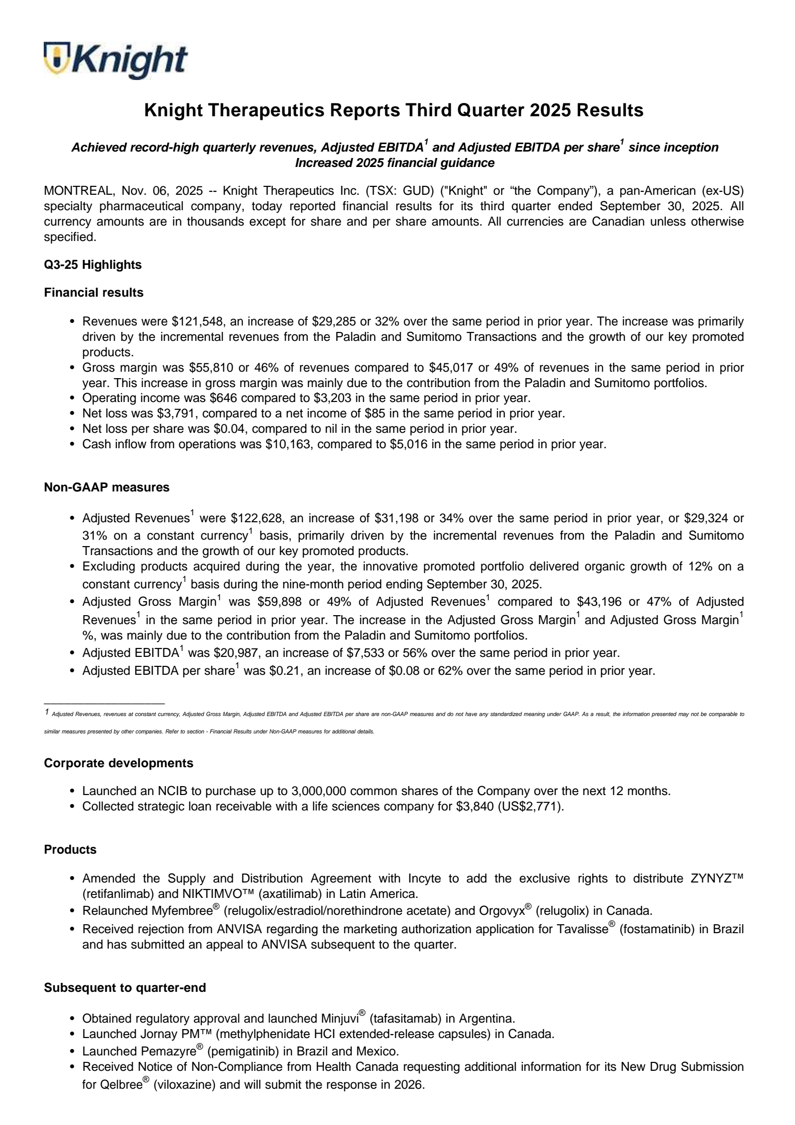 Knight Therapeutics' Q3 2025 Earnings Release