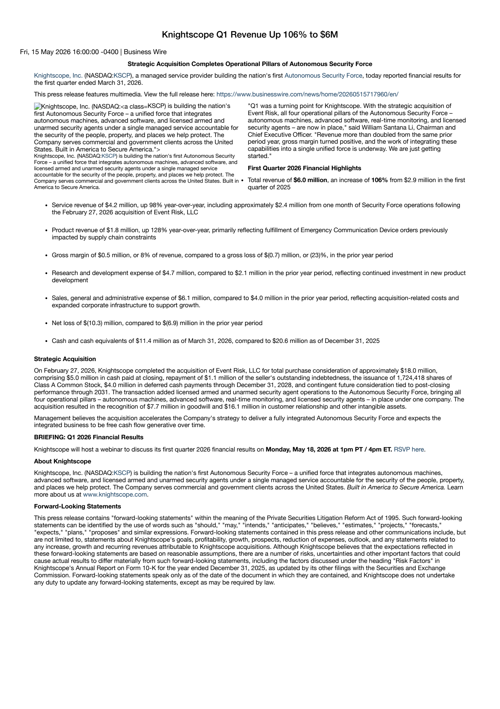Knightscope's Q1 2026 Press Release