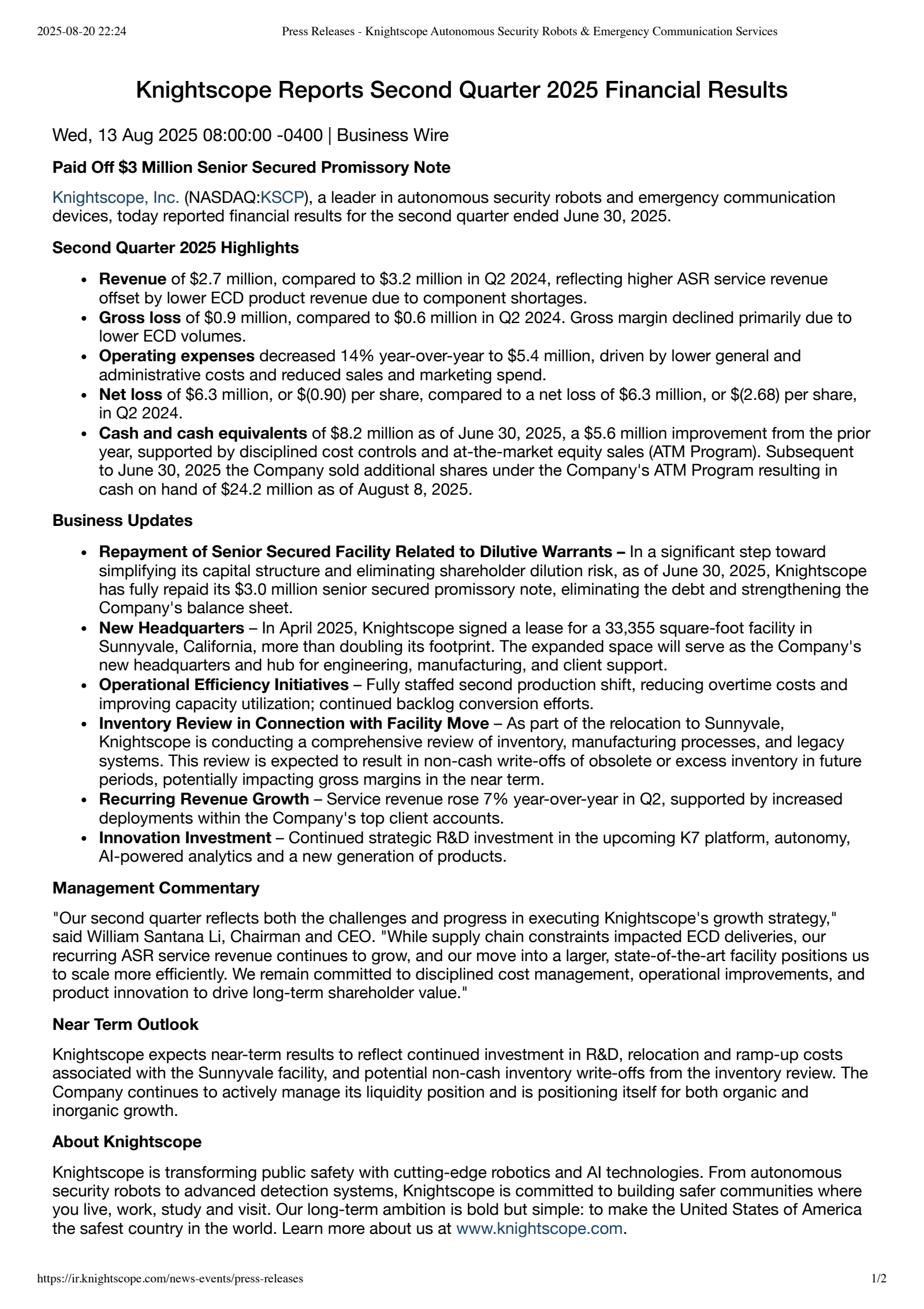 Knightscope's Q2 2025 Press Release