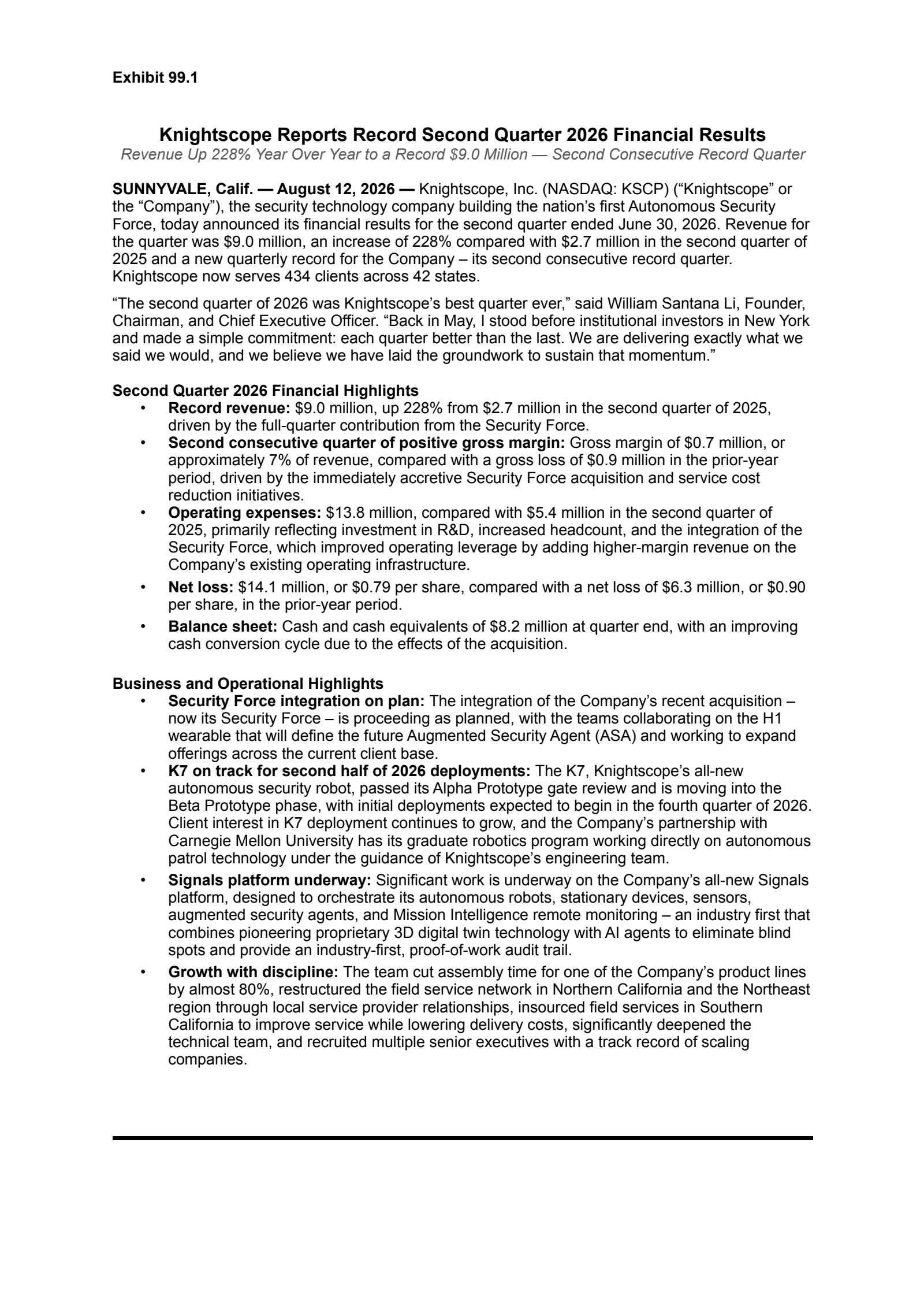 Knightscope's Q2 2026 Press Release